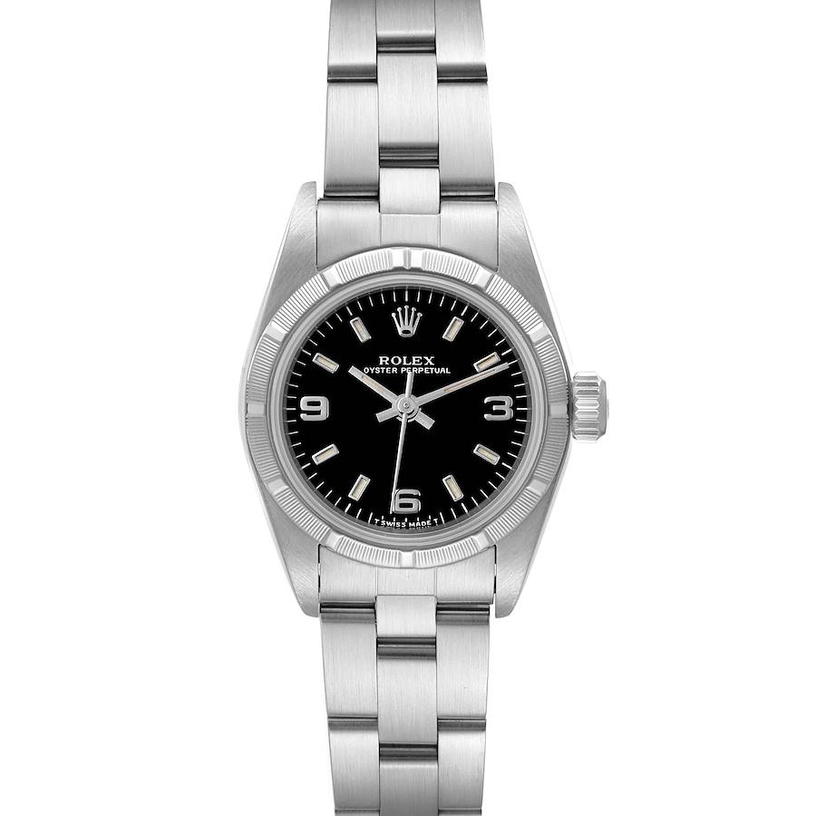 Rolex Oyster Perpetual Black Dial Oyster Bracelet Ladies Watch 67230 Box Papers SwissWatchExpo