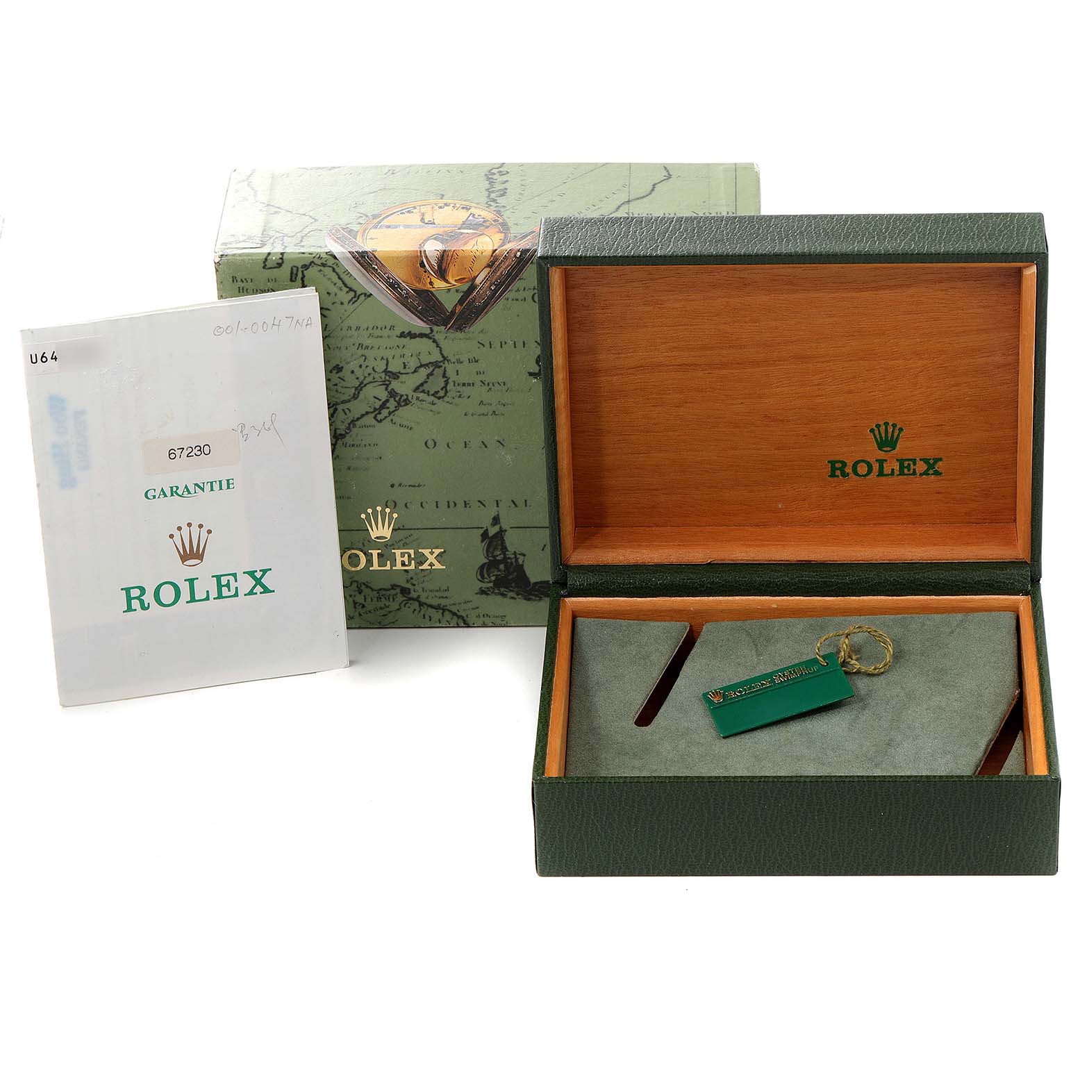 The image shows the packaging and certificate of a Rolex Oyster Perpetual 67230 Women's Stainless Steel Black Dial 67230 Women's Stainless Steel Black Dial watch, including a green Rolex box, a warranty booklet, and a tag.