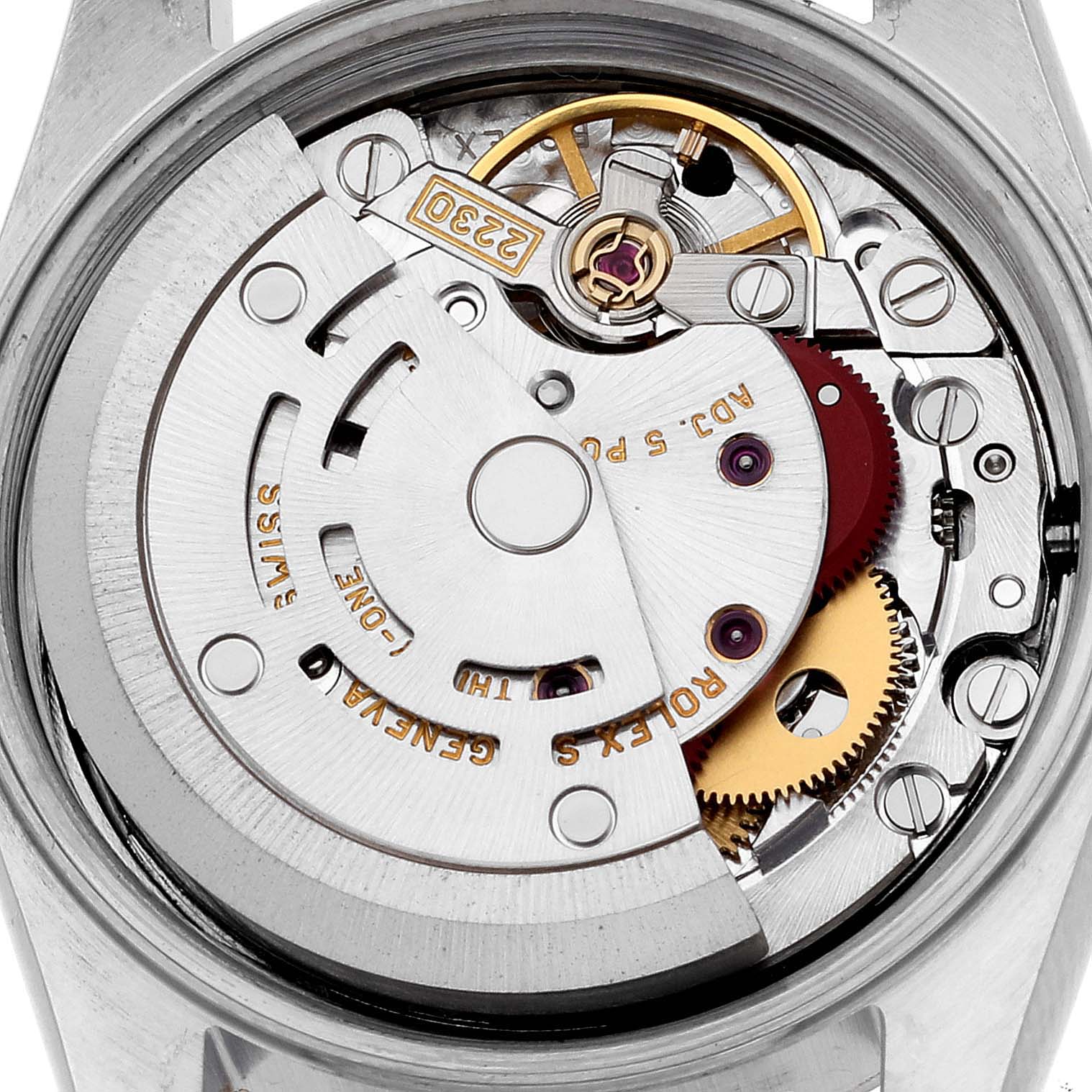 This image shows an overhead view of the Rolex Oyster Perpetual 76193 Women's Steel and Gold (two tone) Black Dial 76193 Women's Steel and Gold (two tone) Black Dial watch's internal mechanical movement.