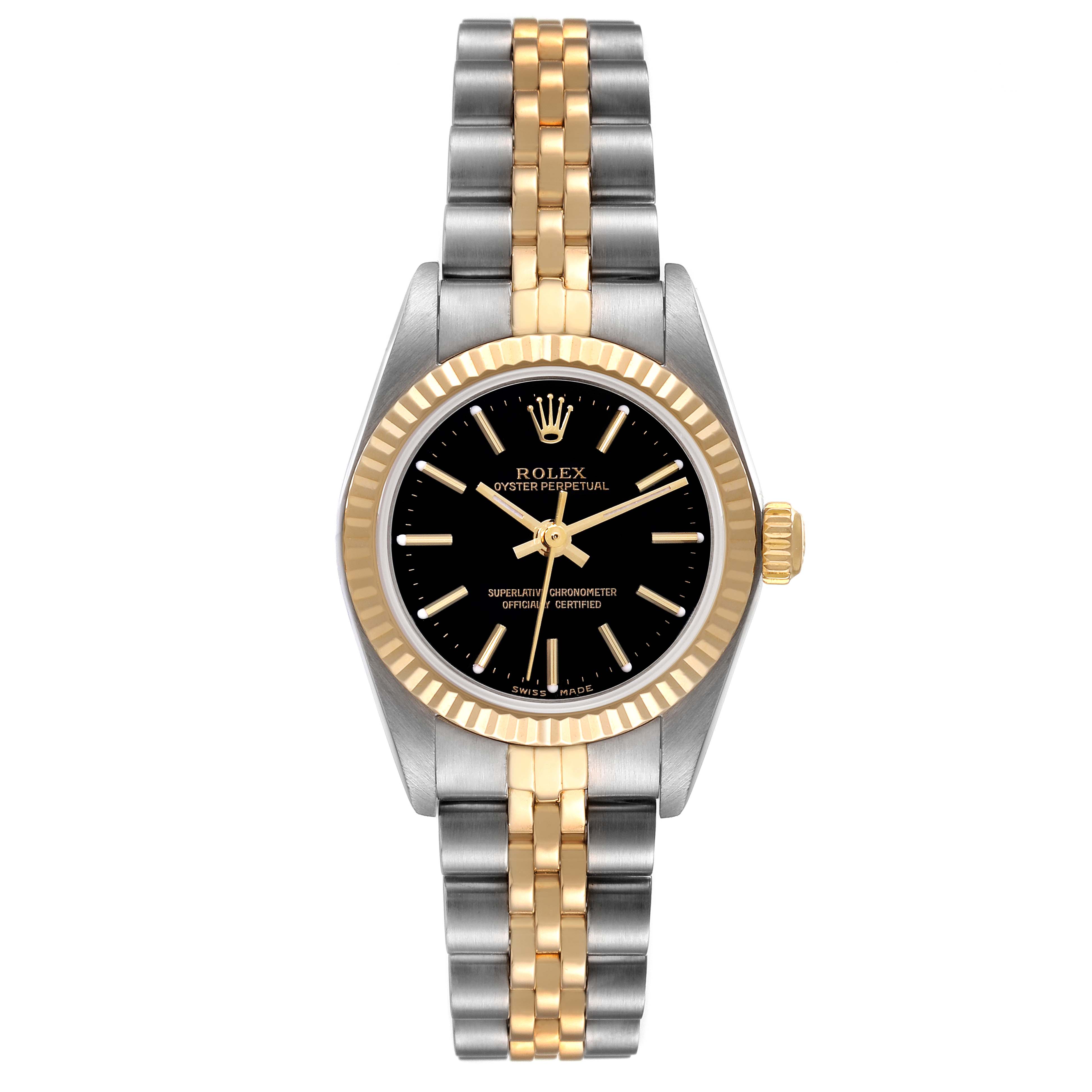 The image shows a Rolex Oyster Perpetual 76193 Women's Steel and Gold (two tone) Black Dial 76193 Women's Steel and Gold (two tone) Black Dial watch from a top-down angle, featuring a two-tone bracelet and a black dial with gold accents.
