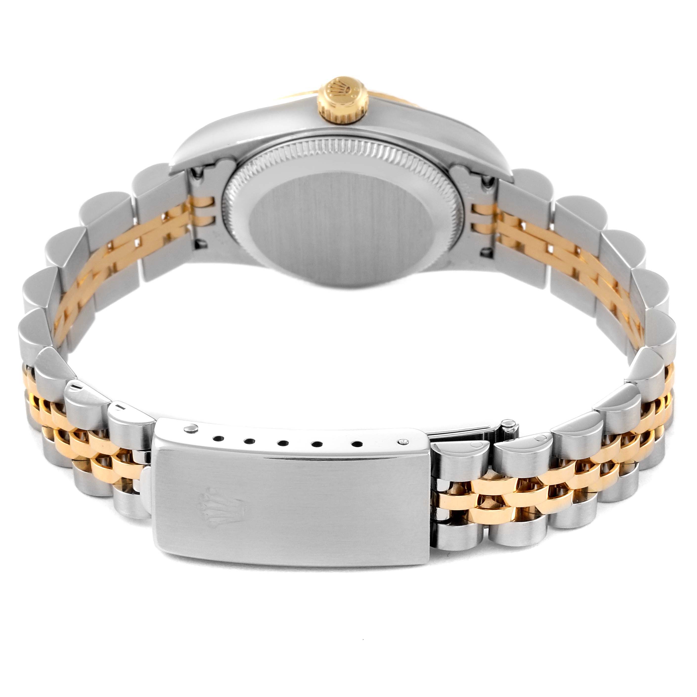 This image shows the back view of a Rolex Oyster Perpetual 76193 Women's Steel and Gold (two tone) Black Dial 76193 Women's Steel and Gold (two tone) Black Dial watch, highlighting its clasp, bracelet, and watch case back.