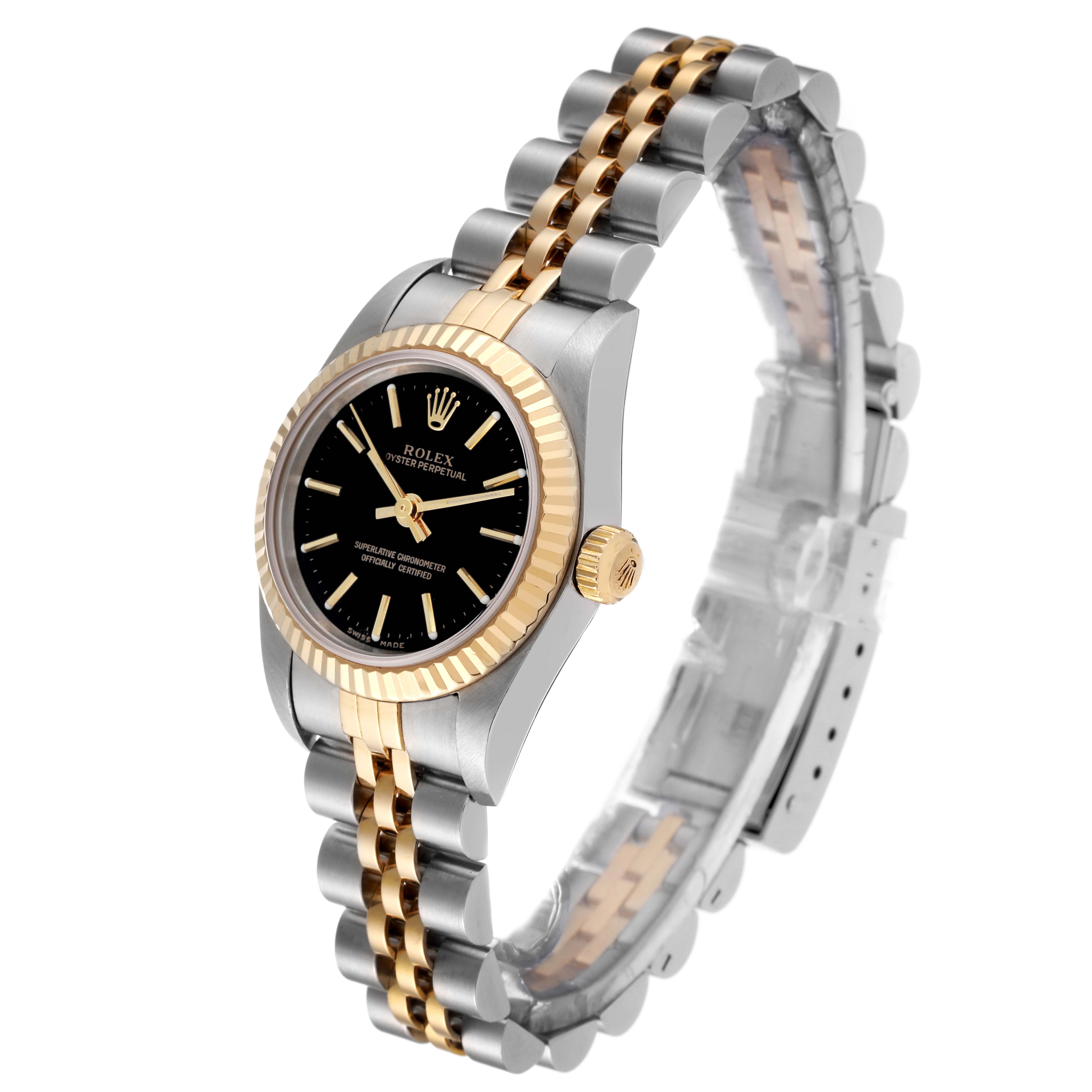 This image shows a side angle of the Rolex Oyster Perpetual 76193 Women's Steel and Gold (two tone) Black Dial 76193 Women's Steel and Gold (two tone) Black Dial watch, highlighting the dial, crown, and two-tone bracelet.