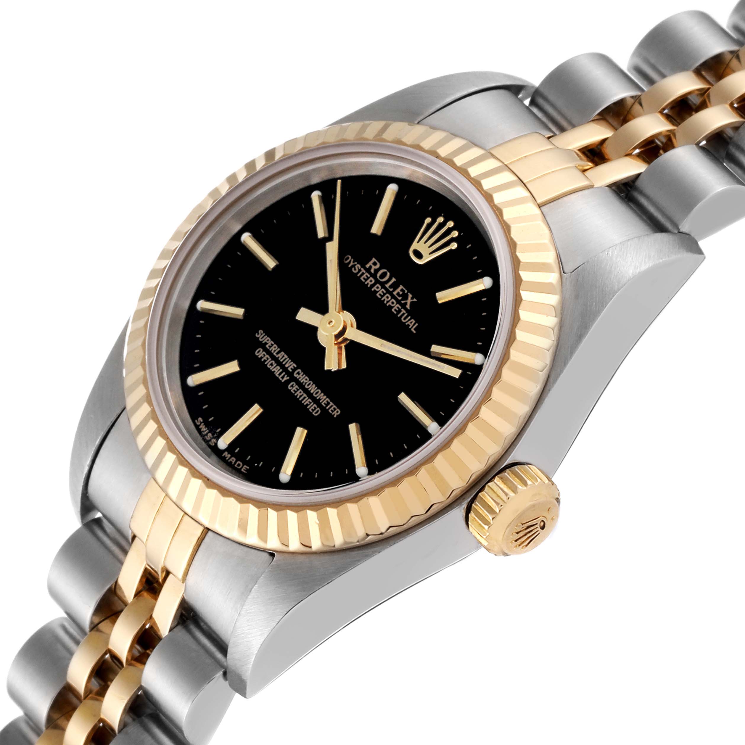 The image shows a close-up, angled view of a Rolex Oyster Perpetual 76193 Women's Steel and Gold (two tone) Black Dial 76193 Women's Steel and Gold (two tone) Black Dial watch, highlighting the face, bezel, crown, and bracelet.