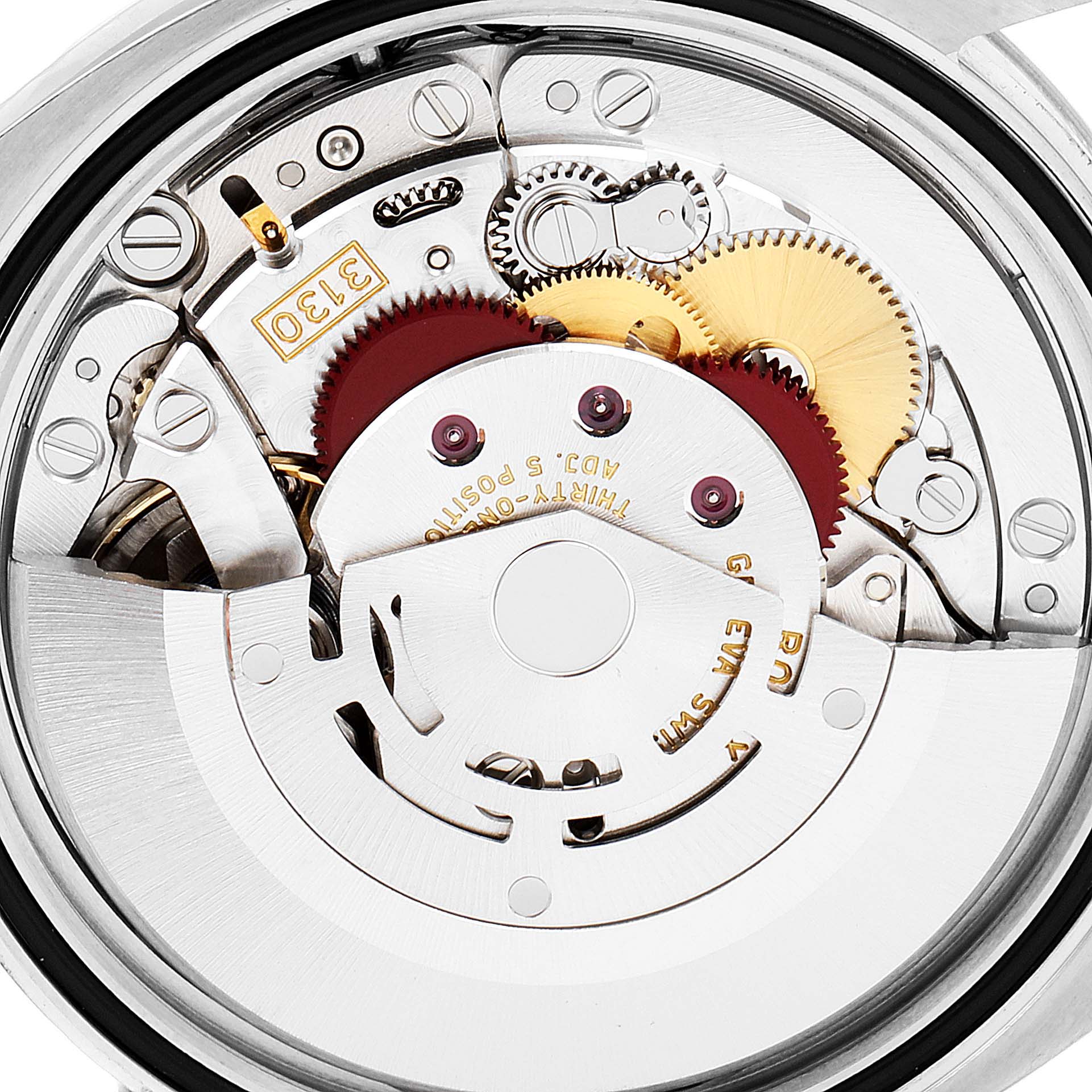 This image shows a close-up view of the internal mechanical movement of a Rolex Oyster Perpetual 116000 Men's Stainless Steel Blue Dial 116000 Men's Stainless Steel Blue Dial watch.