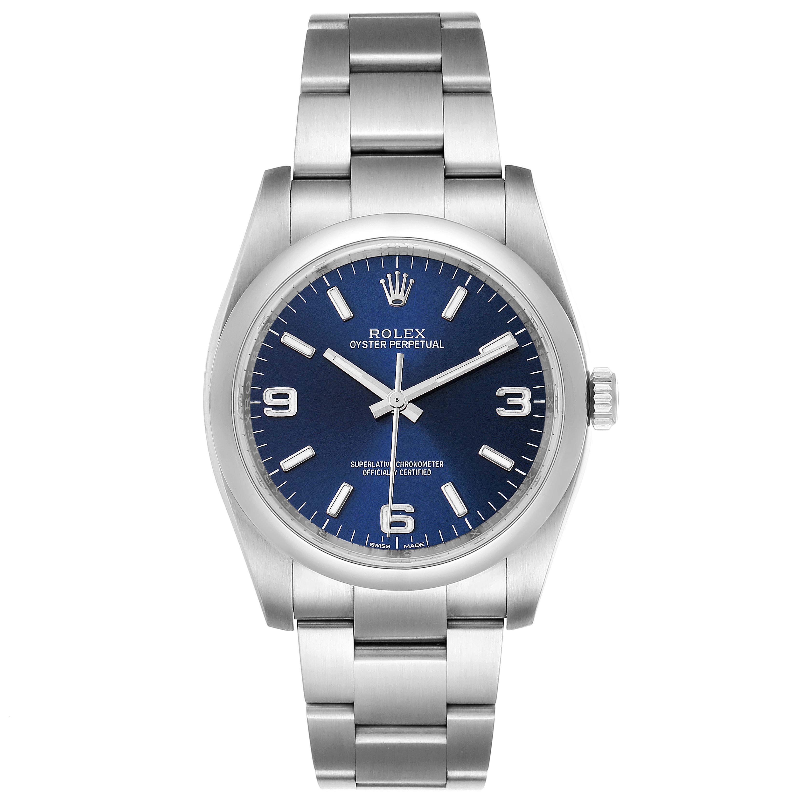 The Rolex Oyster Perpetual 116000 Men's Stainless Steel Blue Dial 116000 Men's Stainless Steel Blue Dial watch is shown from a front angle, displaying its blue dial, steel case, and bracelet.