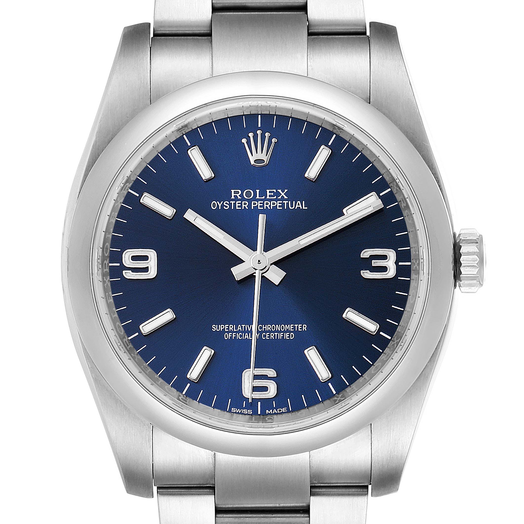 This image shows a front view of a Rolex Oyster Perpetual 116000 Men's Stainless Steel Blue Dial 116000 Men's Stainless Steel Blue Dial watch, showcasing its blue dial, crown, and part of the stainless steel bracelet.