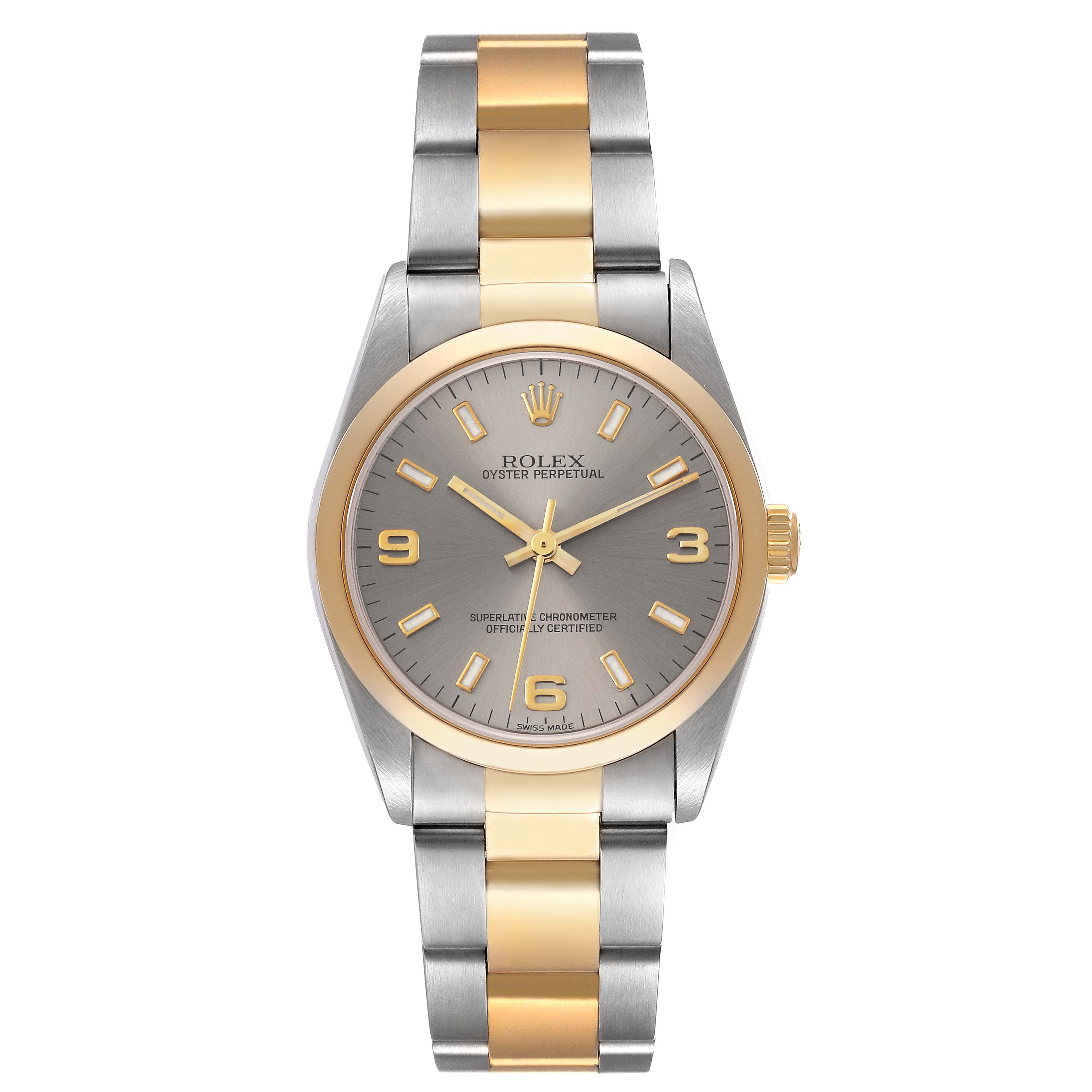This is a front view of the Rolex Mid-Size 77483 Women's Steel and Gold (two tone) Grey Dial 77483 Women's Steel and Gold (two tone) Grey Dial Oyster Perpetual watch, showing the face, bezel, and bracelet.
