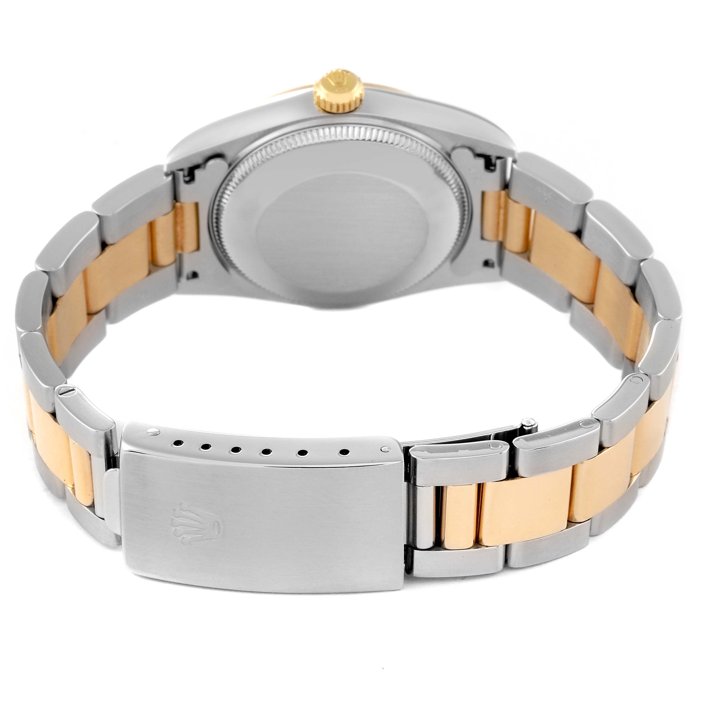The image shows the back view of a Rolex Mid-Size 77483 Women's Steel and Gold (two tone) Grey Dial 77483 Women's Steel and Gold (two tone) Grey Dial model watch, highlighting the case back, crown, and two-tone bracelet clasp.