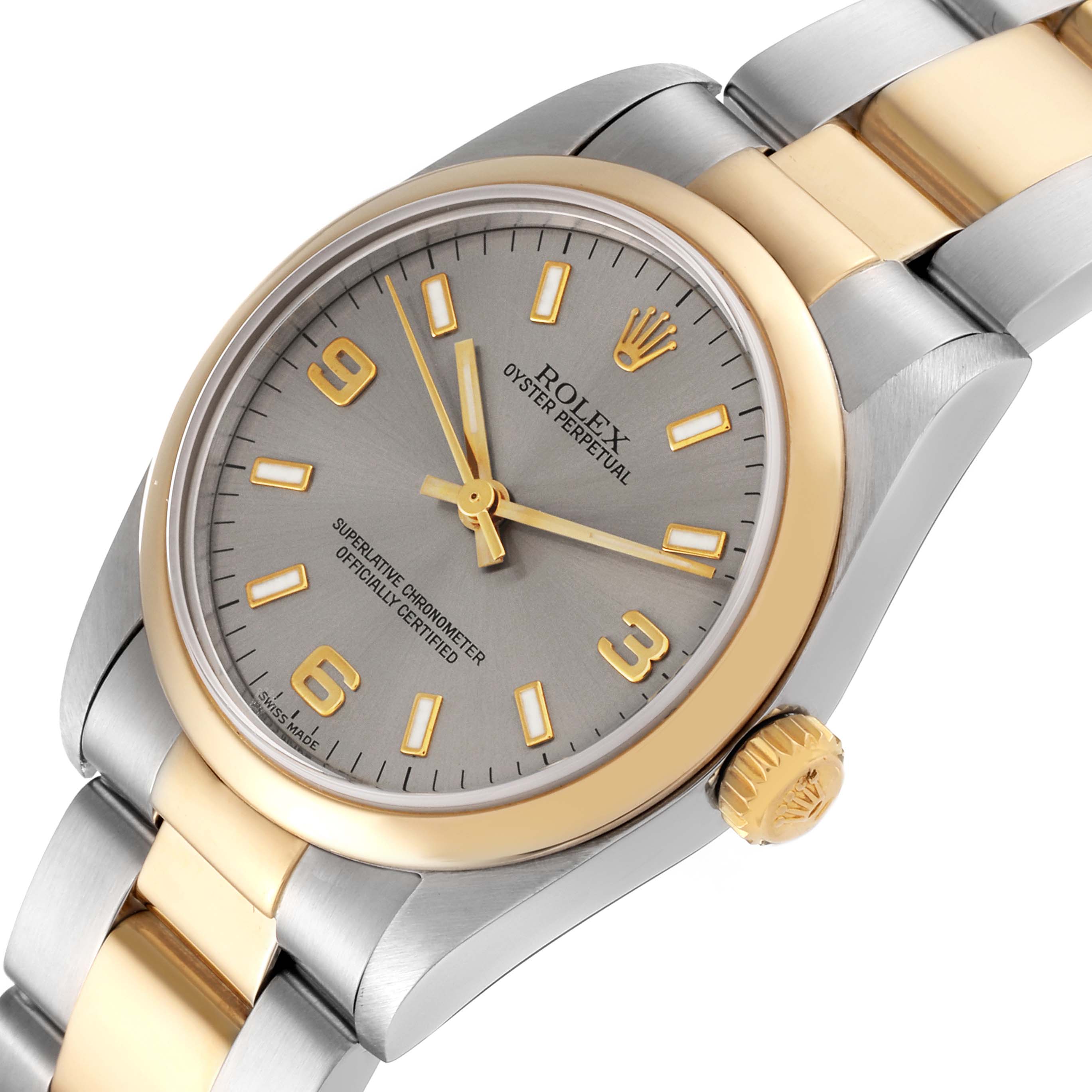 This image shows a frontal view of a mid-size Rolex Oyster Perpetual watch, highlighting the dial, hands, and bracelet.