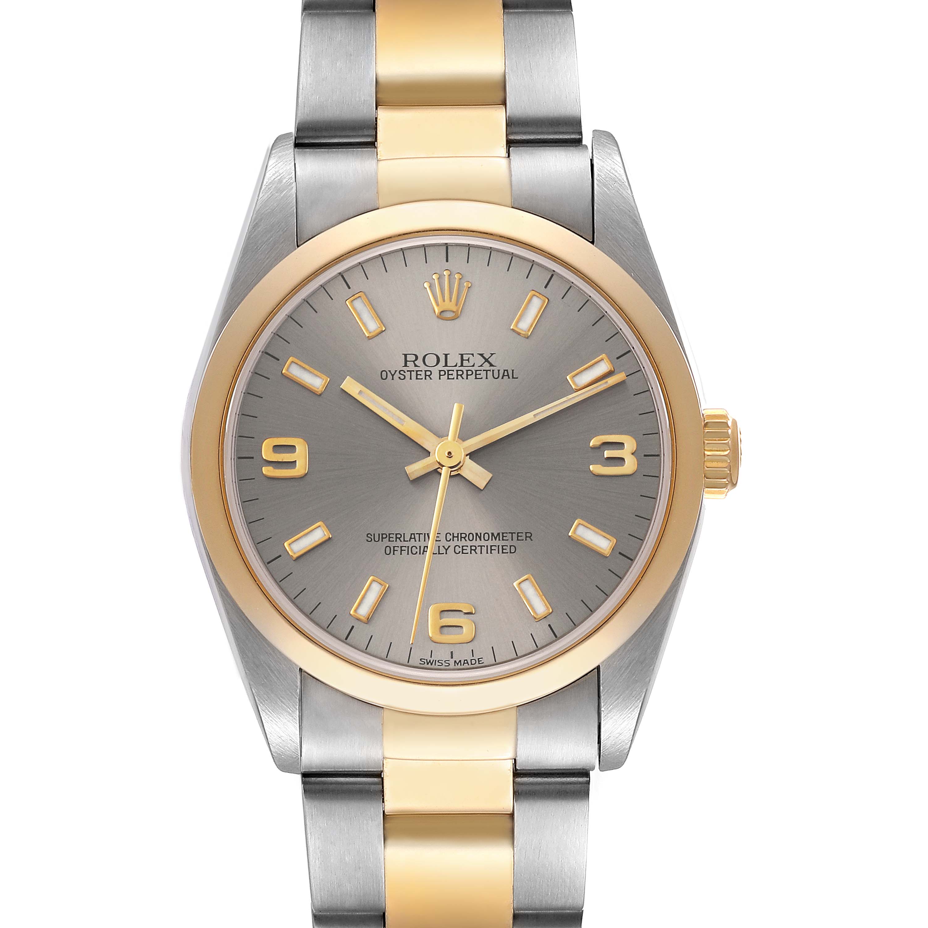 The image shows a front view of a Rolex Oyster Perpetual Mid-Size watch, highlighting its two-tone bracelet and dial.
