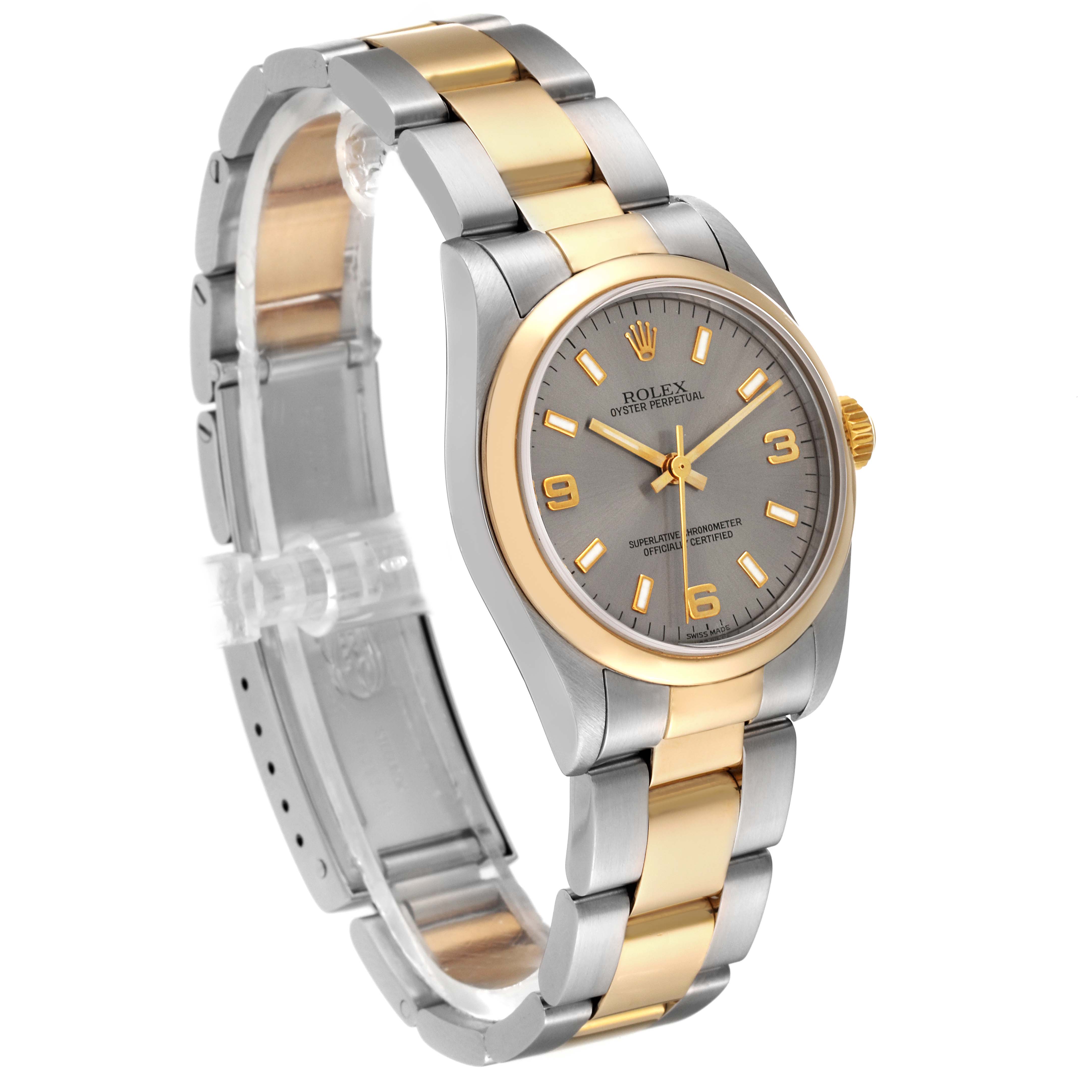 The image shows a Rolex Mid-Size 77483 Women's Steel and Gold (two tone) Grey Dial 77483 Women's Steel and Gold (two tone) Grey Dial watch at a top-front angle, highlighting its dual-tone bracelet, bezel, and dial.