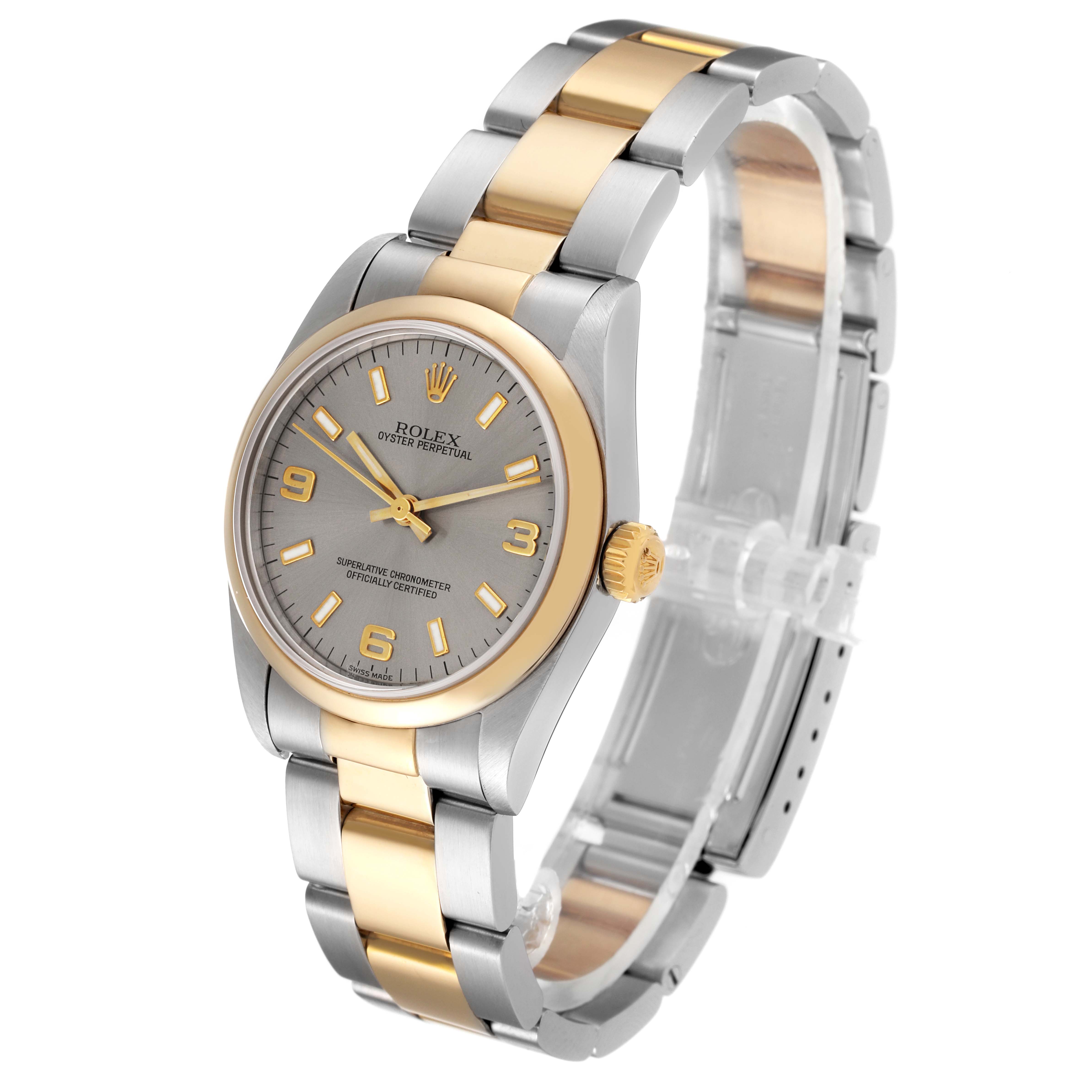 The image shows a Mid-Size Rolex Oyster Perpetual watch with a silver and gold two-tone bracelet.