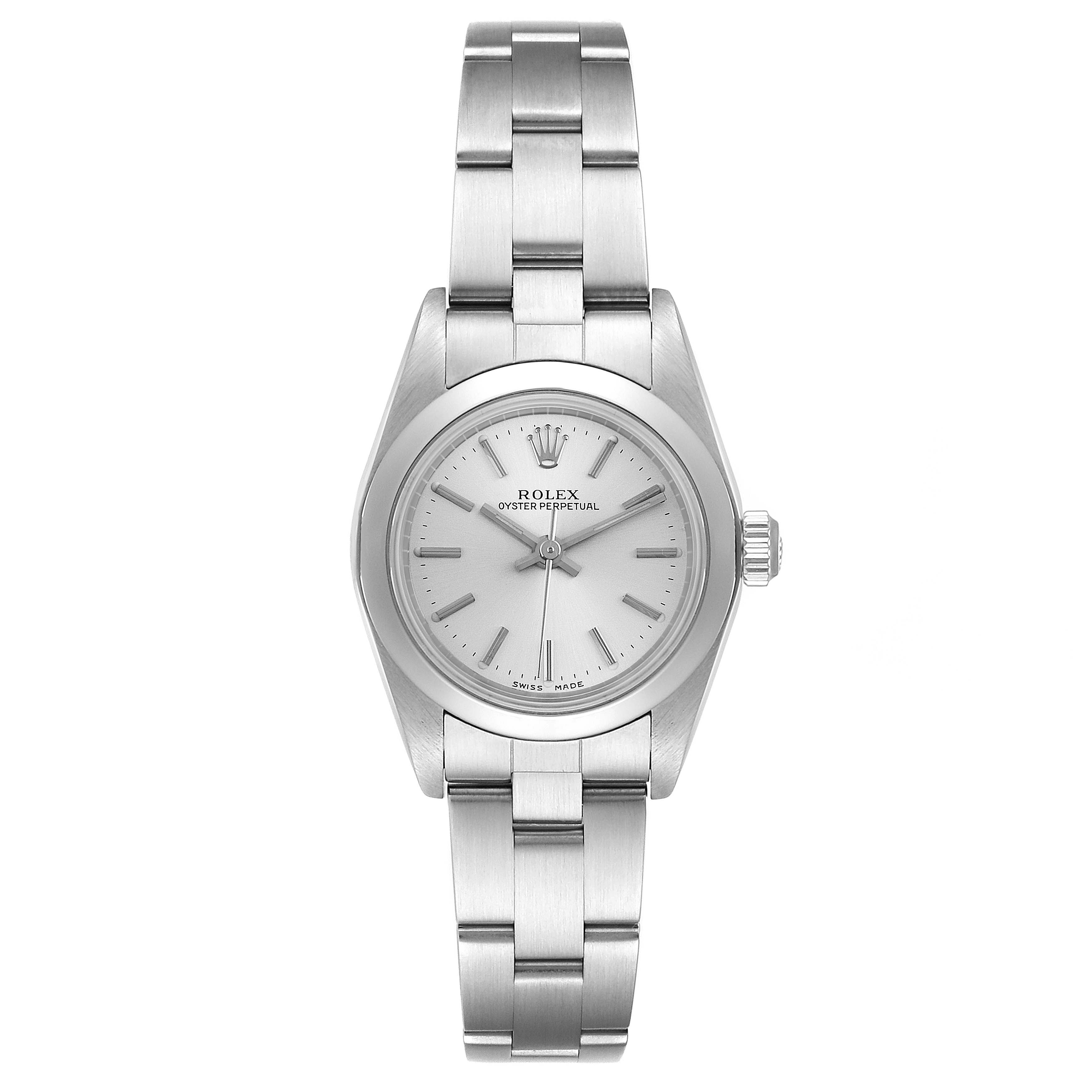 The Rolex Oyster Perpetual 76080 Women's Stainless Steel Silver Dial 76080 Women's Stainless Steel Silver Dial watch is shown from a straight-on angle, displaying the bracelet, dial, hands, and crown.