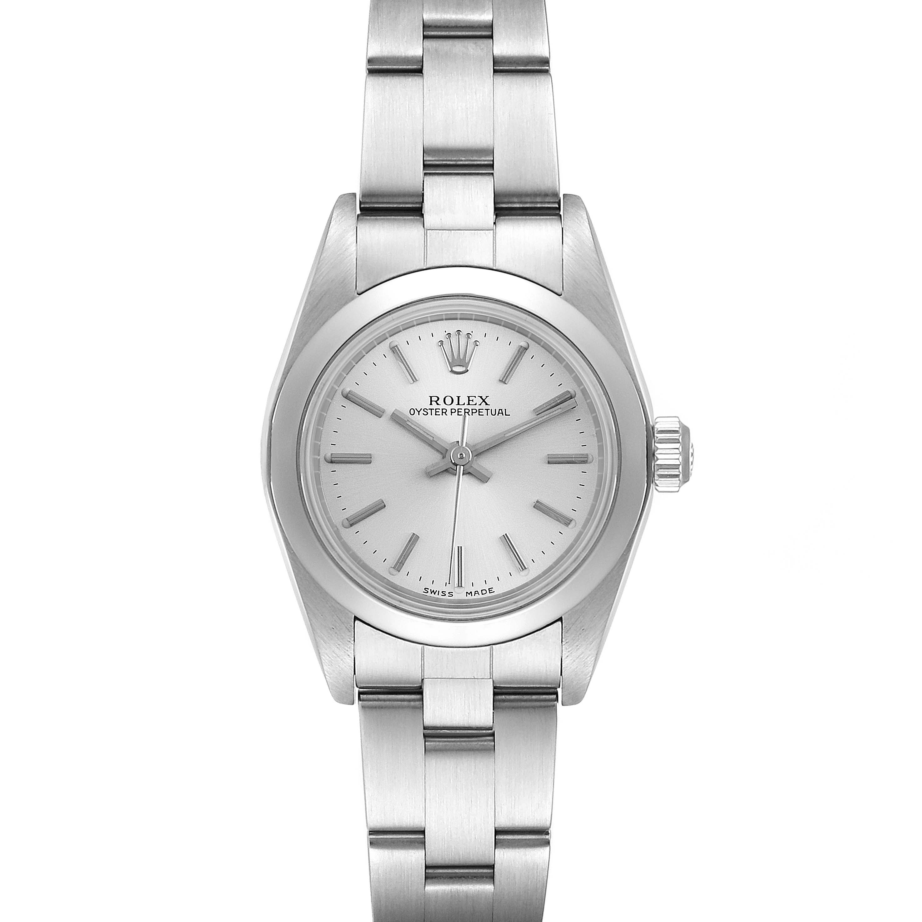 This image shows a frontal view of a Rolex Oyster Perpetual 76080 Women's Stainless Steel Silver Dial 76080 Women's Stainless Steel Silver Dial watch with a stainless steel bracelet and silver dial.