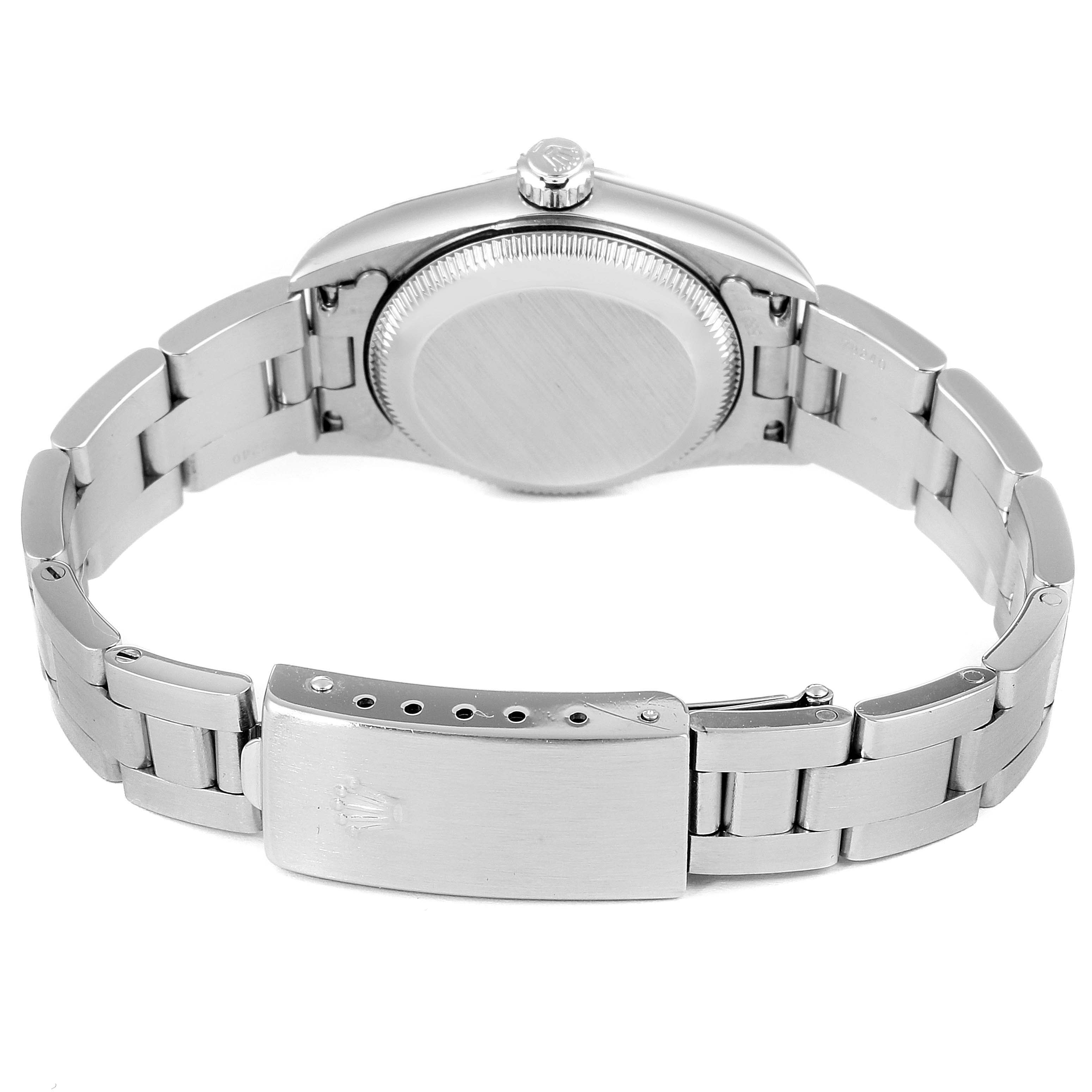 This image shows the back view of a Rolex Oyster Perpetual 76080 Women's Stainless Steel Silver Dial 76080 Women's Stainless Steel Silver Dial watch, highlighting the case back and the bracelet with the clasp.