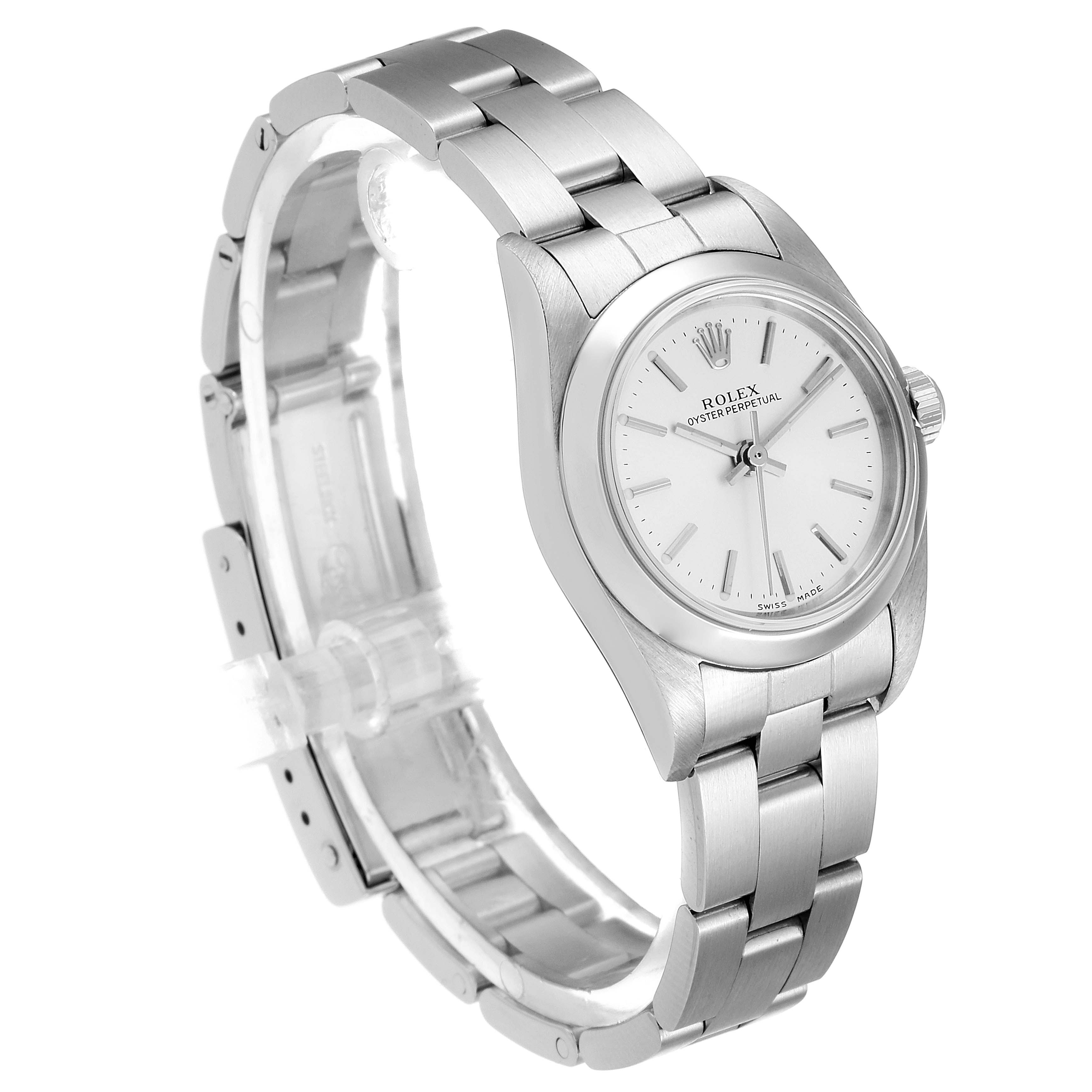 This image shows a side-angle view of a Rolex Oyster Perpetual 76080 Women's Stainless Steel Silver Dial 76080 Women's Stainless Steel Silver Dial watch, featuring the case, dial, bracelet, and clasp.