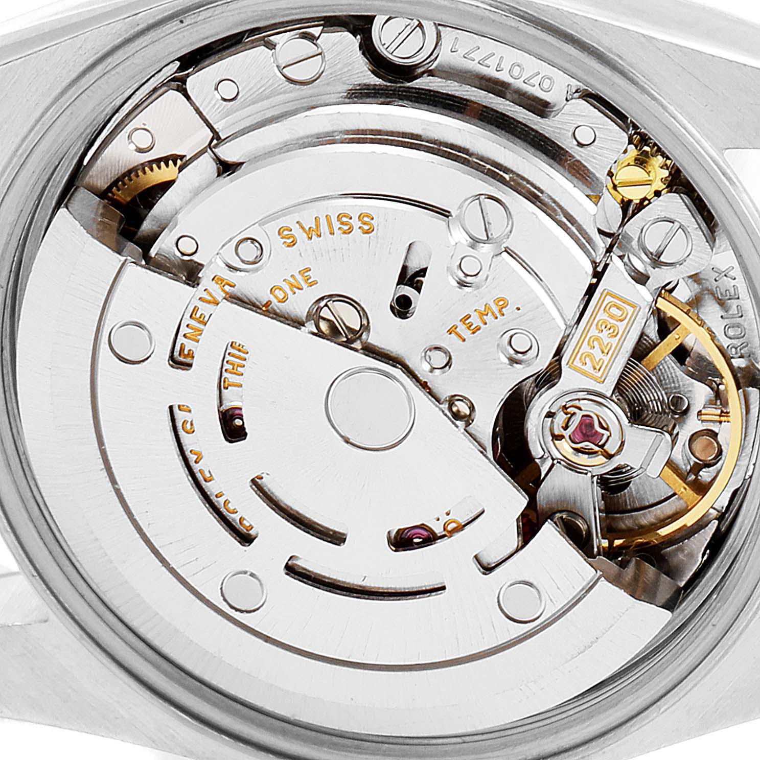 The image shows the inner mechanics of a Rolex Oyster Perpetual 76080 Women's Stainless Steel Silver Dial 76080 Women's Stainless Steel Silver Dial watch, focusing on its movement components.