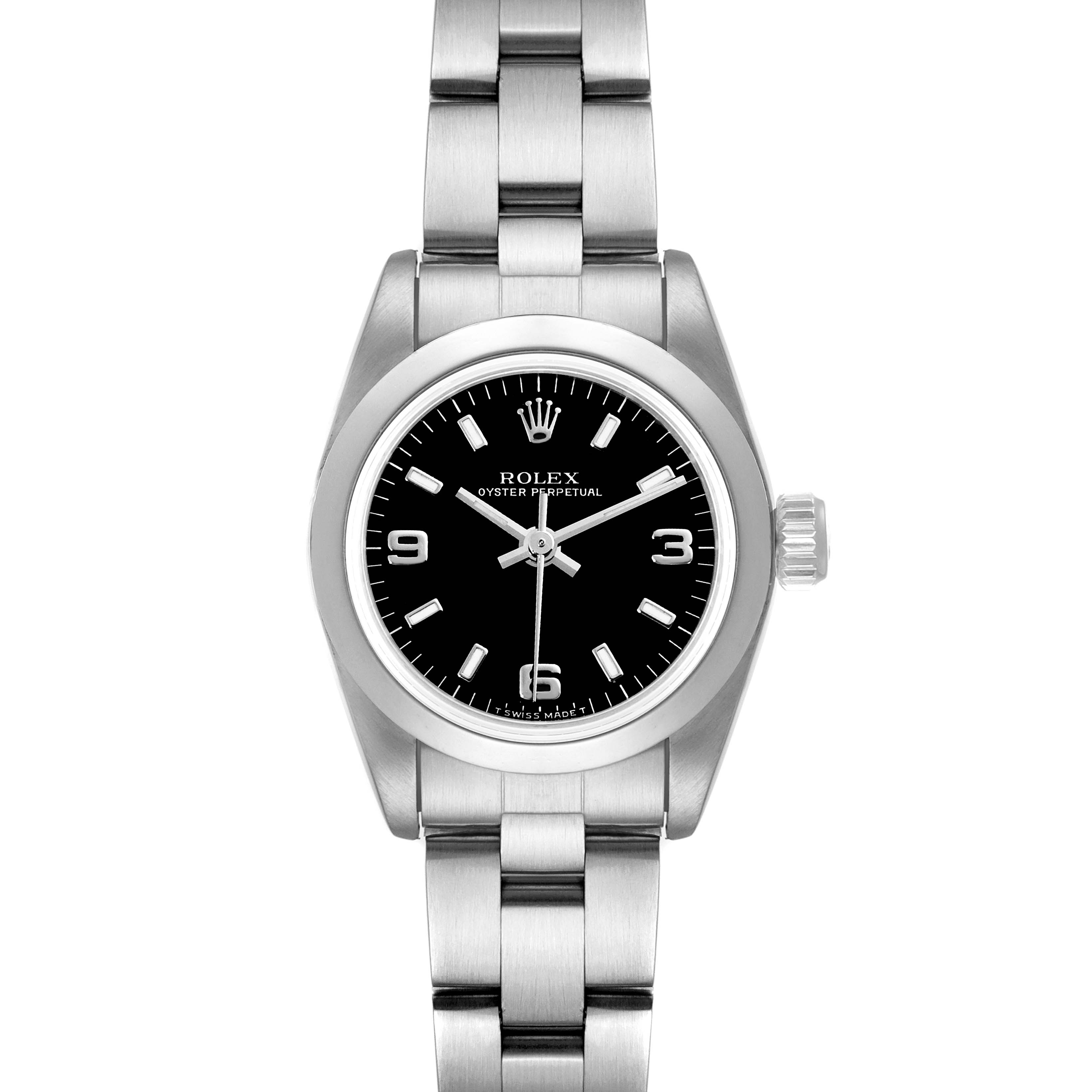 This image shows a Rolex Oyster Perpetual 67180 Women
s Stainless Steel Black Dial 67180 Women
s Stainless Steel Black Dial watch from a front angle, highlighting its face, bezel, crown, and bracelet.