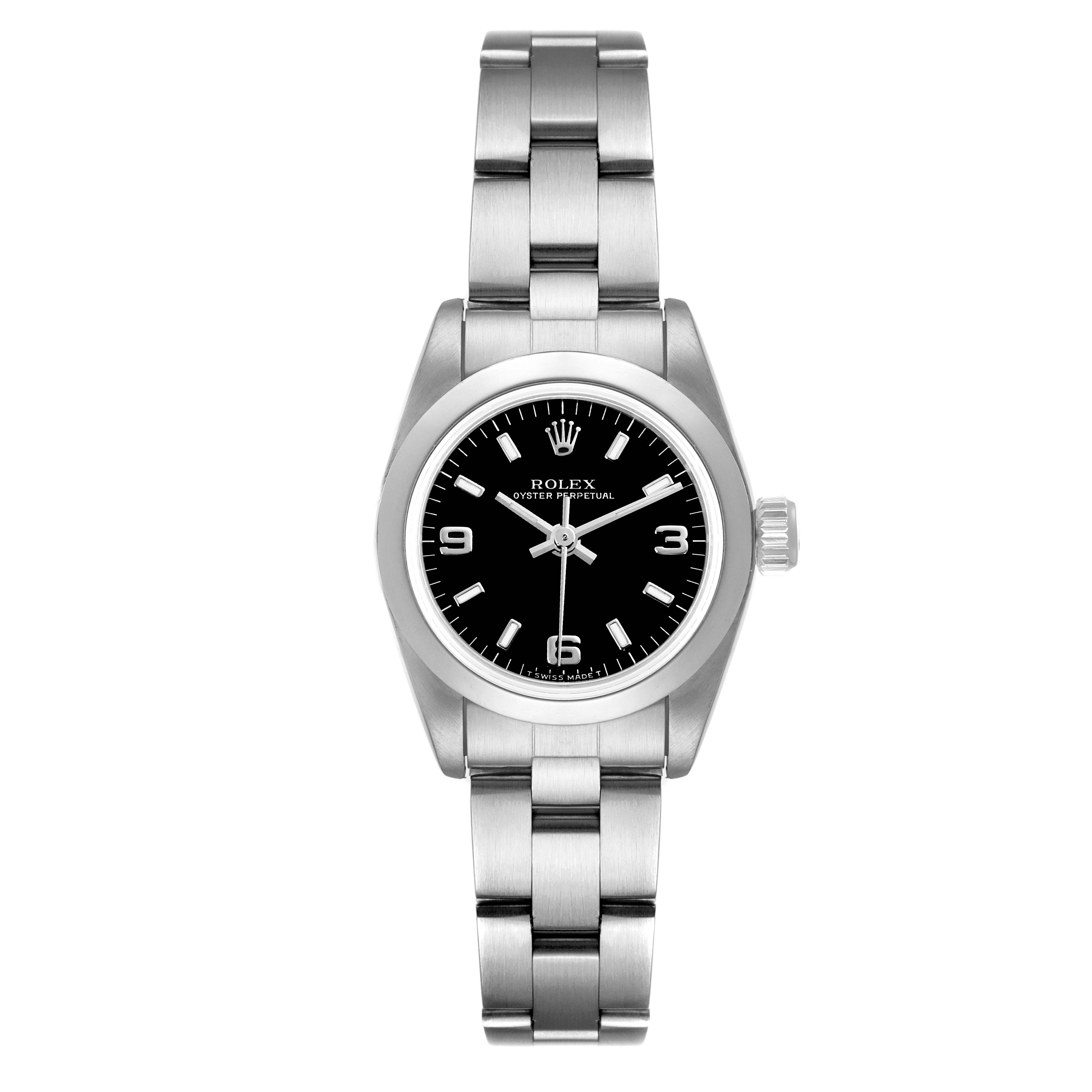 This is a front view of the Rolex Oyster Perpetual 67180 Women
s Stainless Steel Black Dial 67180 Women
s Stainless Steel Black Dial watch, showcasing the face, bezel, crown, and bracelet.