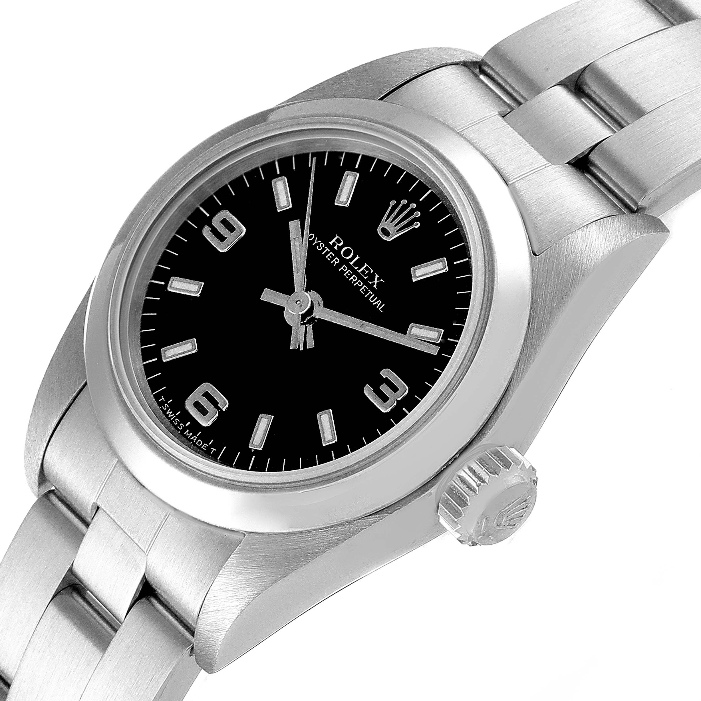 The image shows a Rolex Oyster Perpetual 67180 Women
s Stainless Steel Black Dial 67180 Women
s Stainless Steel Black Dial watch from an angled top-down view, highlighting the face, crown, and part of the bracelet.