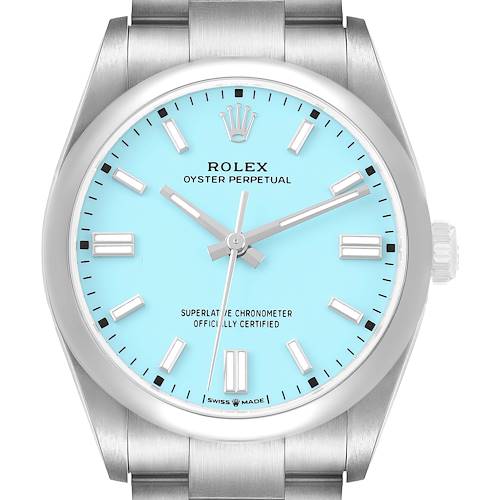 Photo of Rolex Oyster Perpetual Steel Turquoise Blue Dial Mens Watch 126000 Card