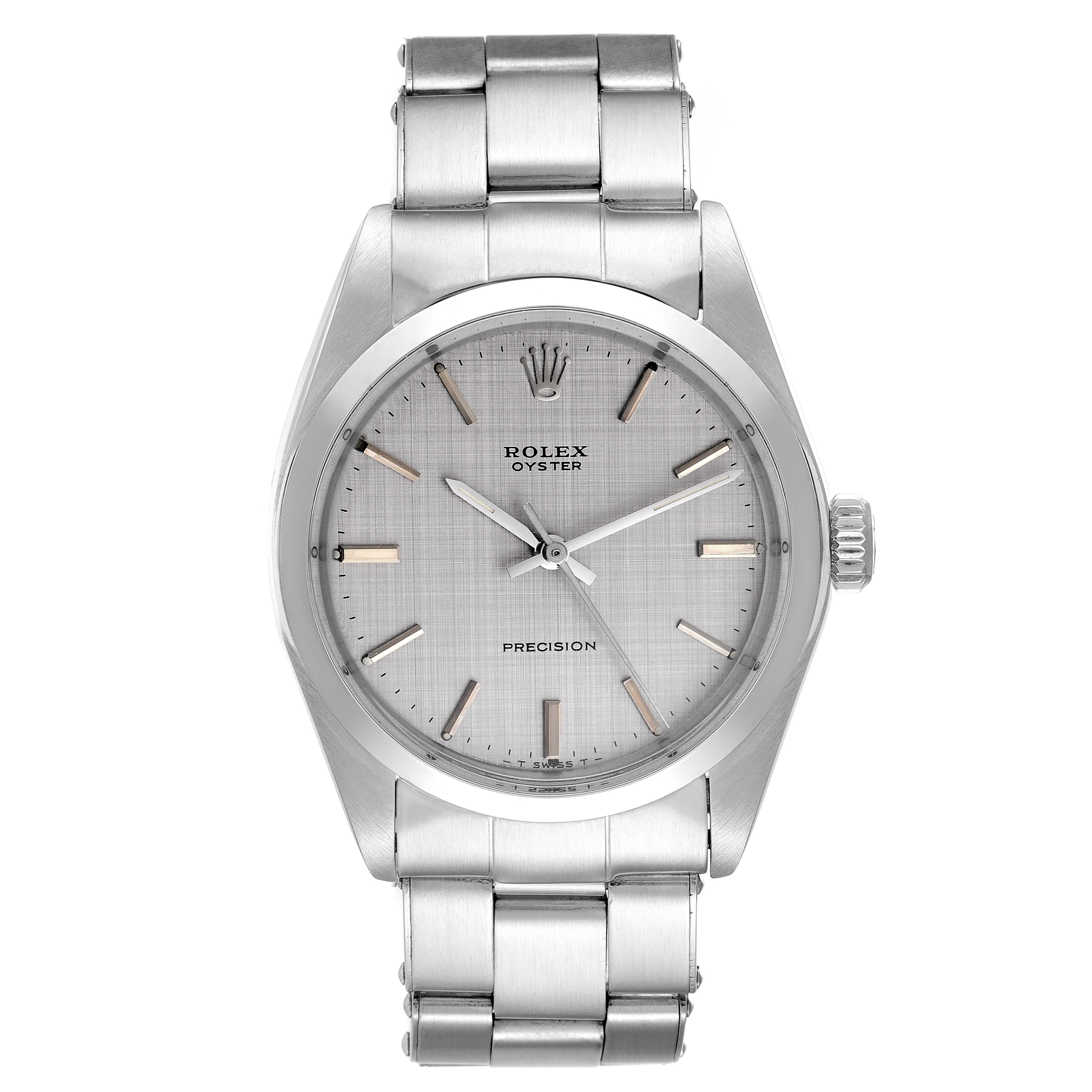 The image shows a front view of a Vintage Collection Rolex Oyster Precision watch with its silver bracelet fully visible.