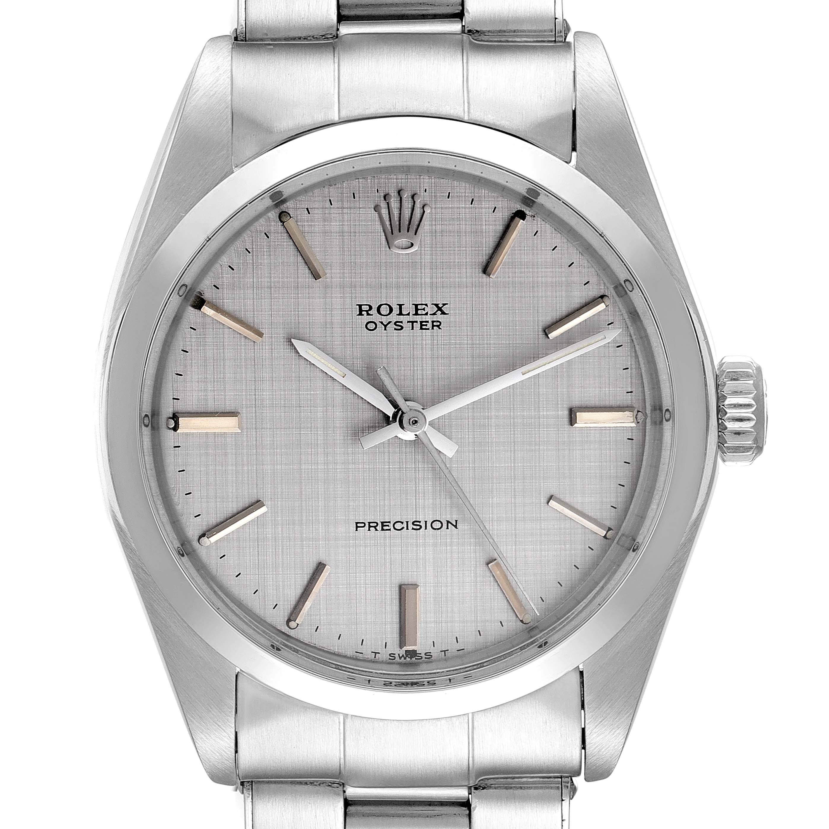 This image shows the front view of the Rolex Vintage Collection 6426 Men's Stainless Steel Silver Dial 6426 Men's Stainless Steel Silver Dial model, featuring the dial, bezel, and part of the stainless steel bracelet.
