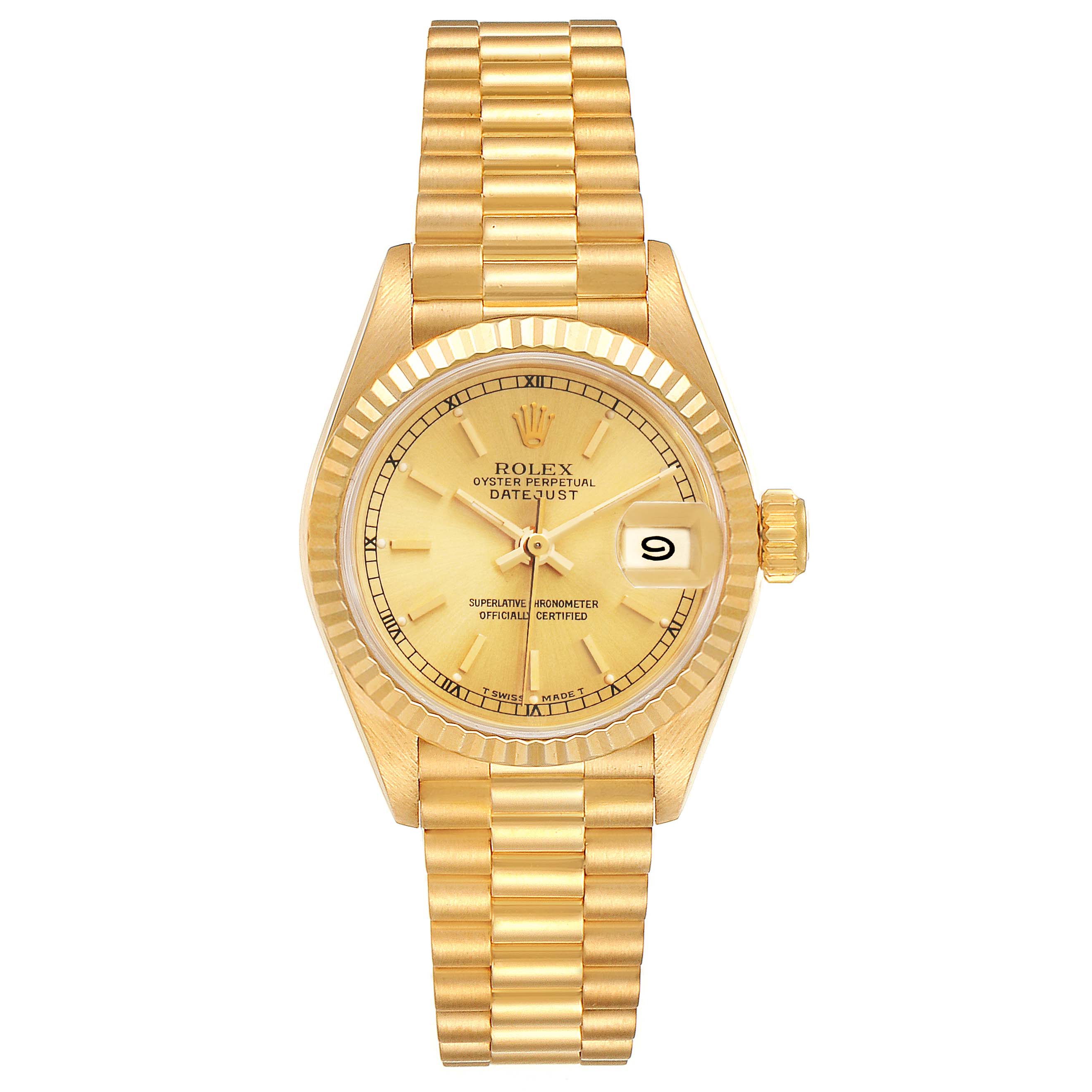 This image shows the Rolex President 69178 Women's Yellow Gold Champagne Dial 69178 Women's Yellow Gold Champagne Dial model watch from a top-down view, displaying the dial, bezel, case, and bracelet.