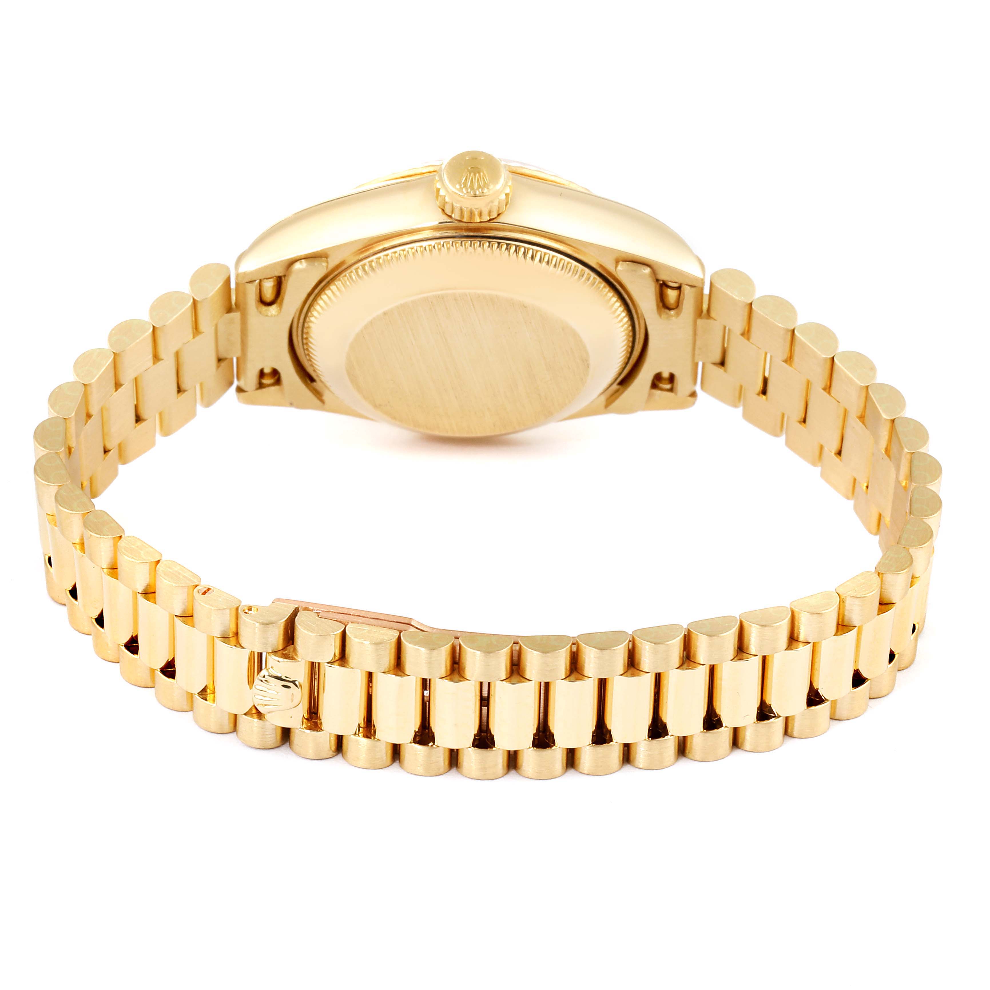The image shows the back case and bracelet of a Rolex President 69178 Women's Yellow Gold Champagne Dial 69178 Women's Yellow Gold Champagne Dial model watch in a gold finish.