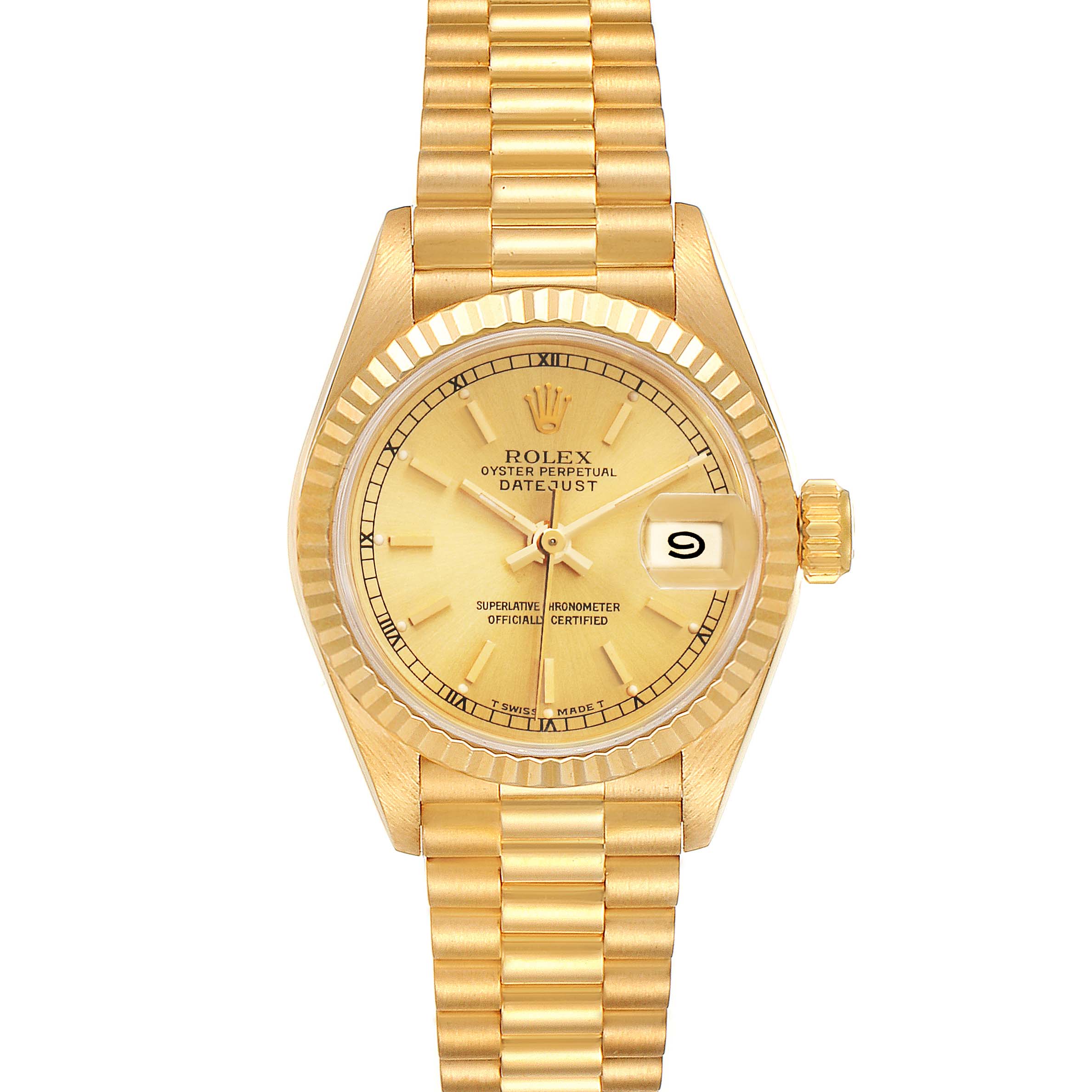 The Rolex President 69178 Women's Yellow Gold Champagne Dial 69178 Women's Yellow Gold Champagne Dial model watch is shown from a front angle, displaying the bracelet, dial, hands, date window, and crown.