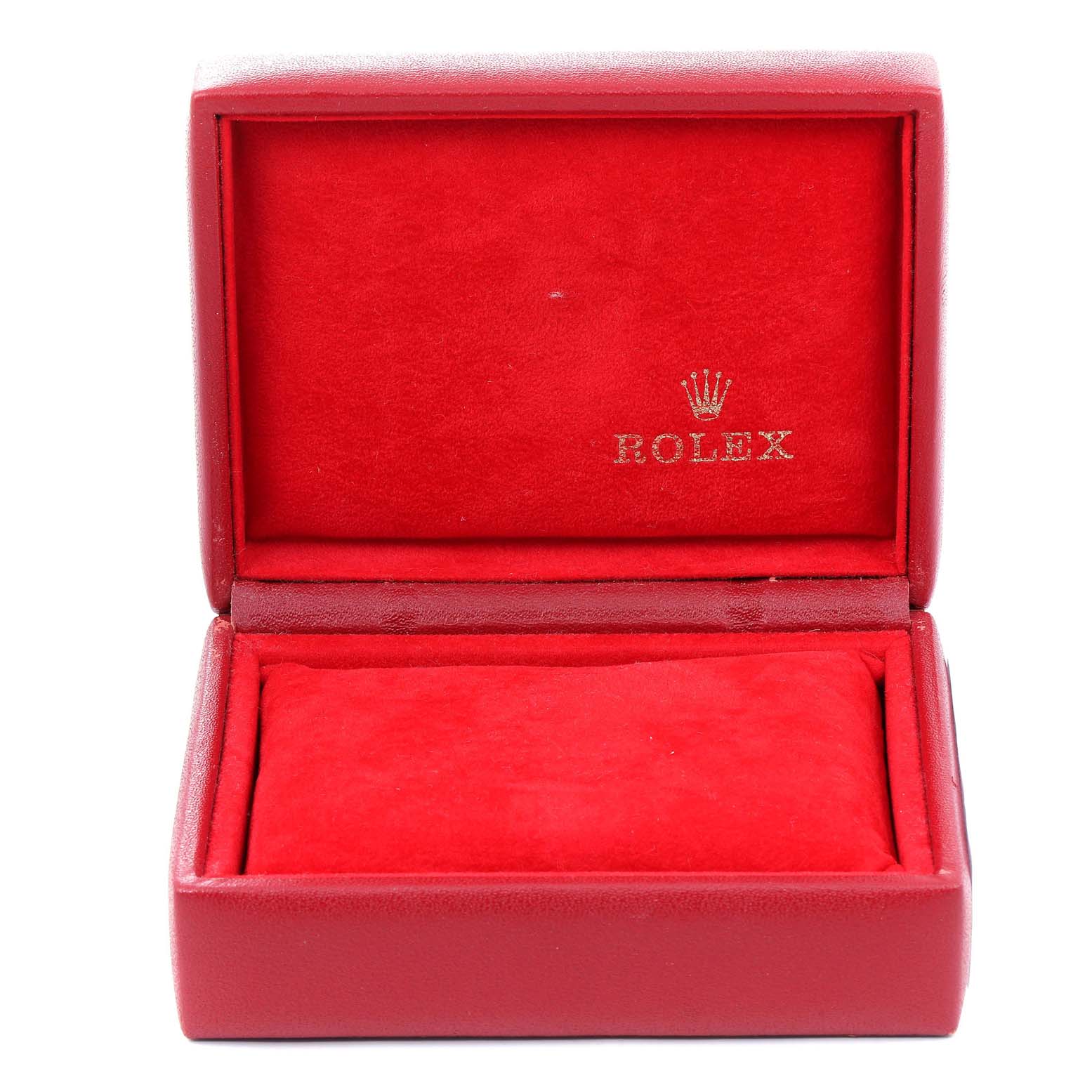This image shows an empty red Rolex watch box for the President model.