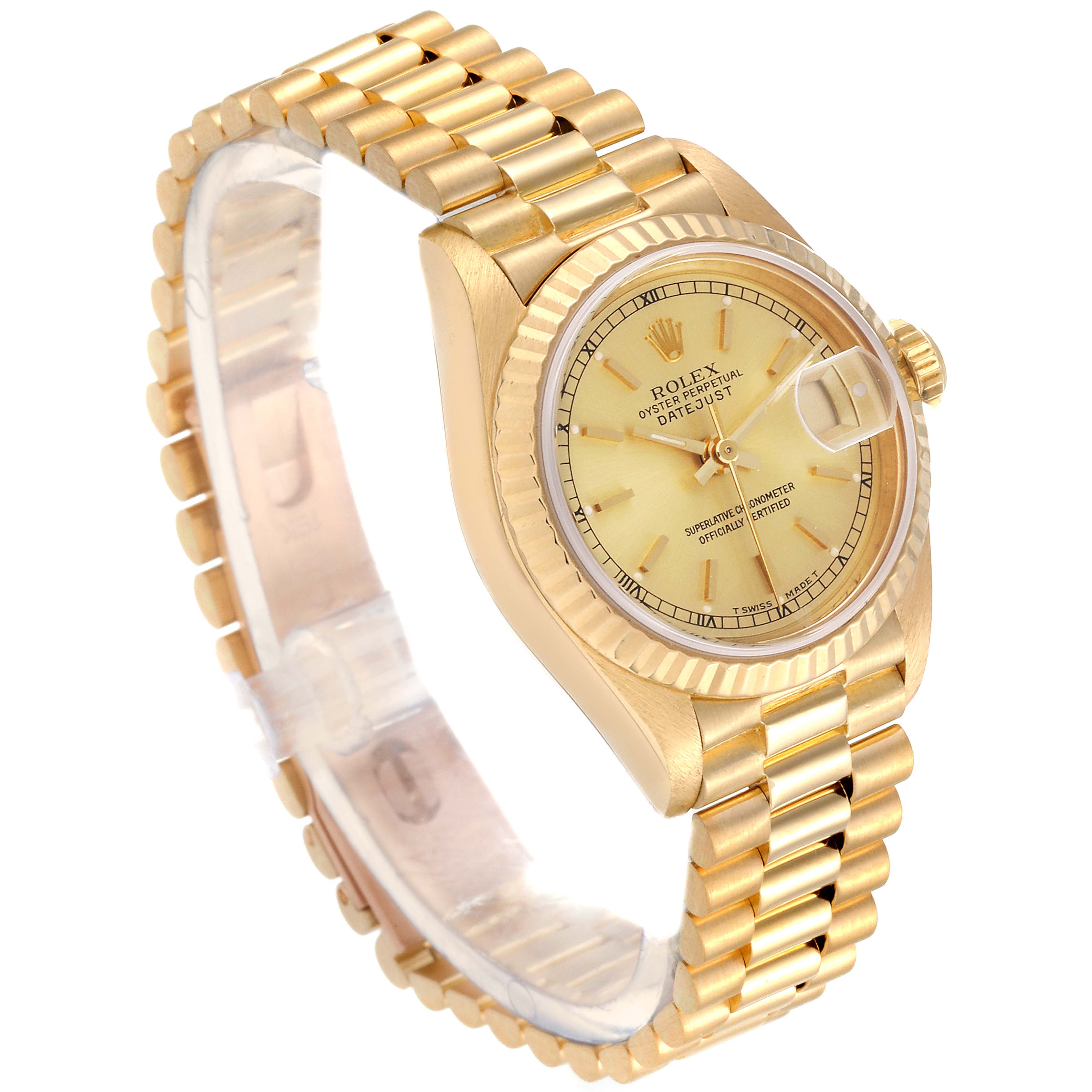 The Rolex President 69178 Women's Yellow Gold Champagne Dial 69178 Women's Yellow Gold Champagne Dial model watch is shown at an angle displaying the gold bracelet, dial, bezel, and date magnifier.