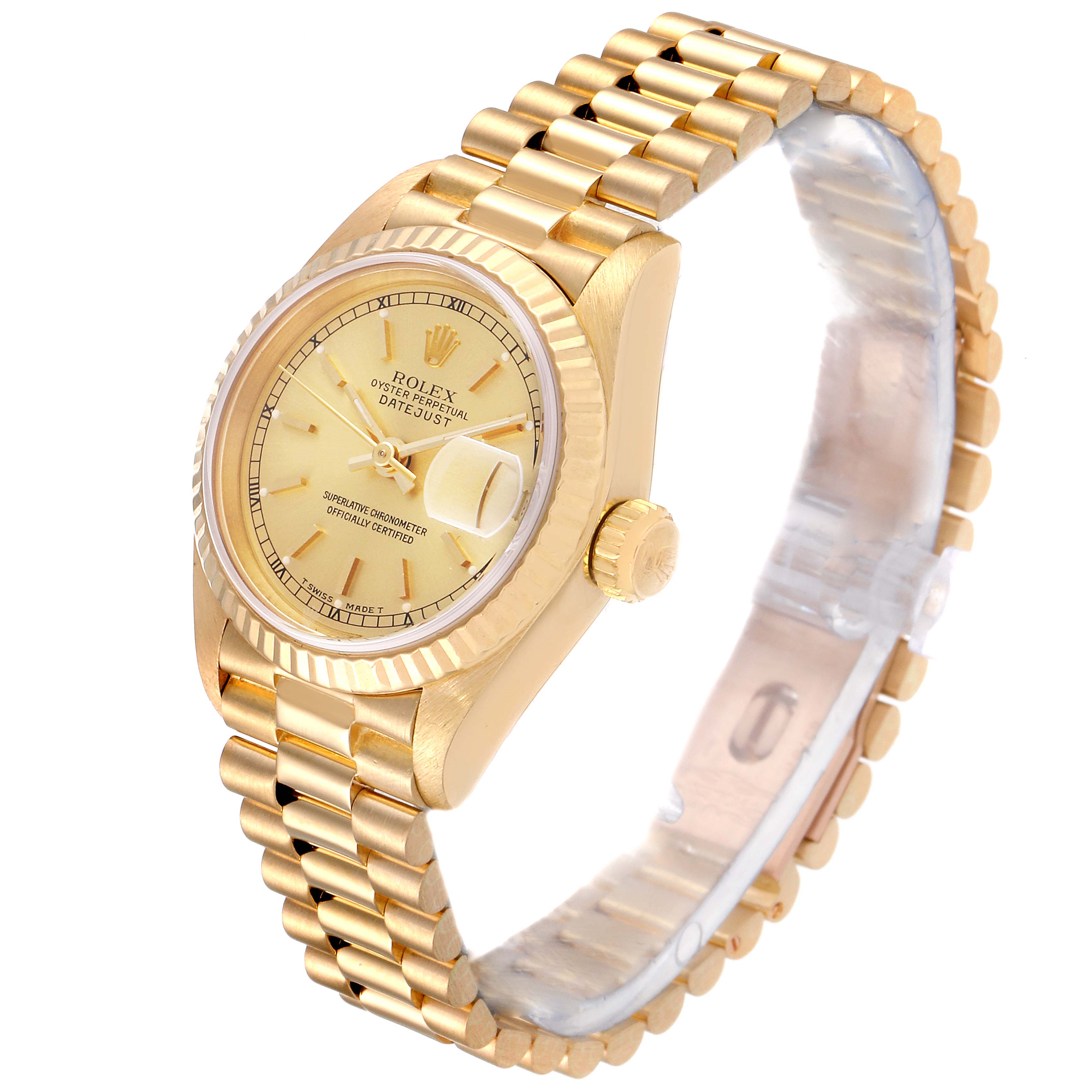 The image shows a classic gold Rolex President 69178 Women's Yellow Gold Champagne Dial 69178 Women's Yellow Gold Champagne Dial model watch at an angled view, highlighting its bezel, dial, and bracelet.