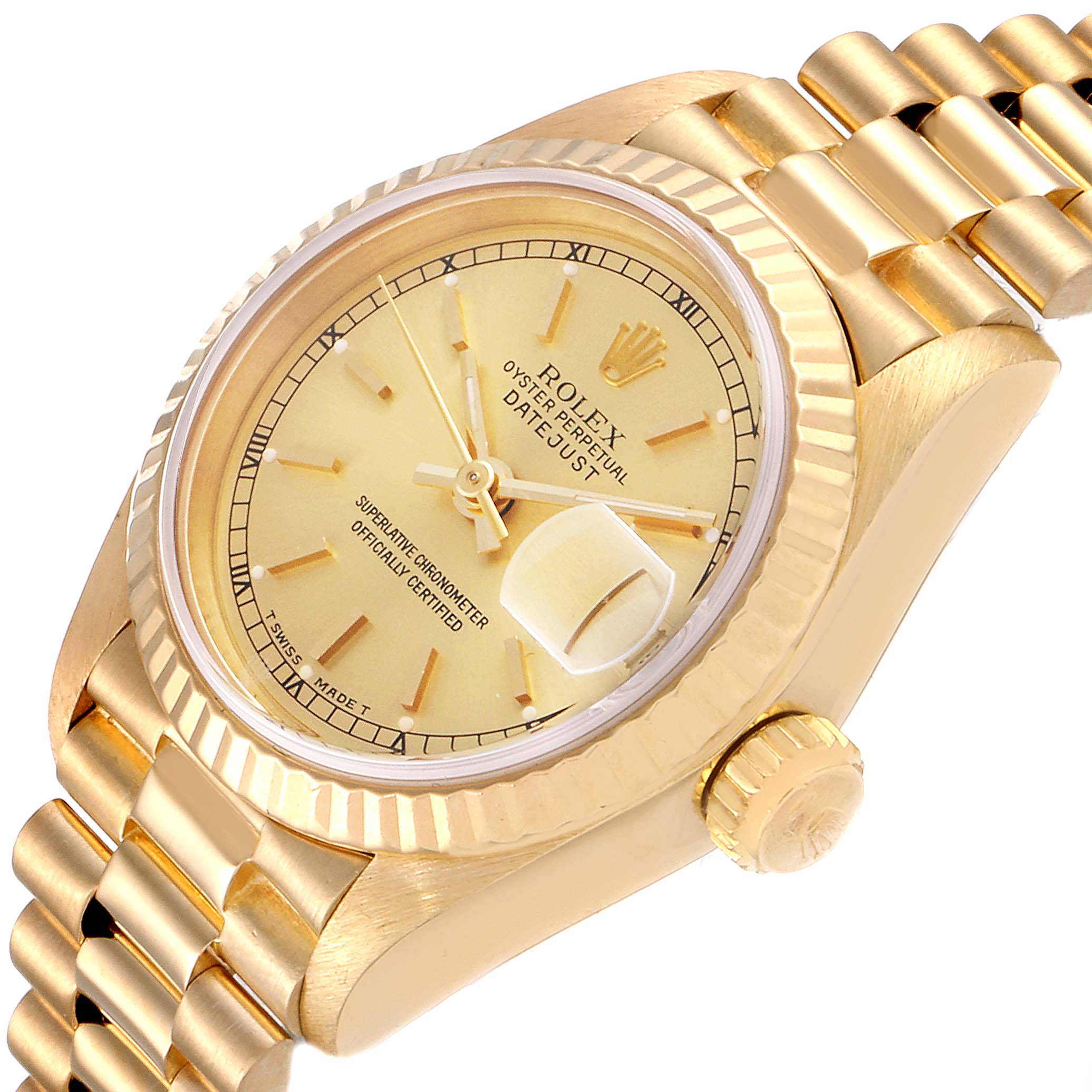 The image shows a Rolex President 69178 Women's Yellow Gold Champagne Dial 69178 Women's Yellow Gold Champagne Dial model watch from an angled side view, highlighting the face, bezel, crown, and part of the bracelet.
