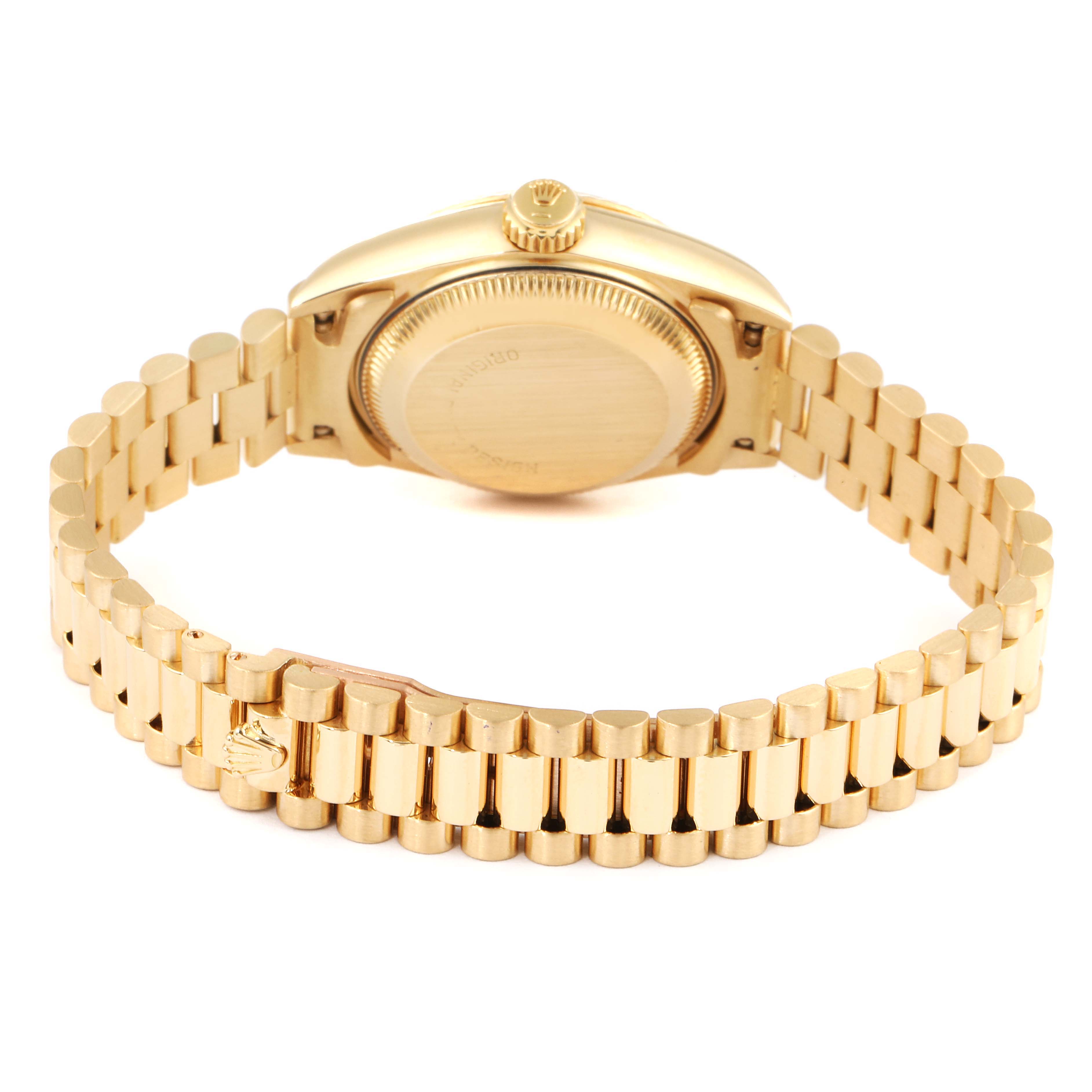 This image shows the back case and bracelet of the Rolex President 69178 Women's Yellow Gold Blue Dial 69178 Women's Yellow Gold Blue Dial model watch from a rear angle.