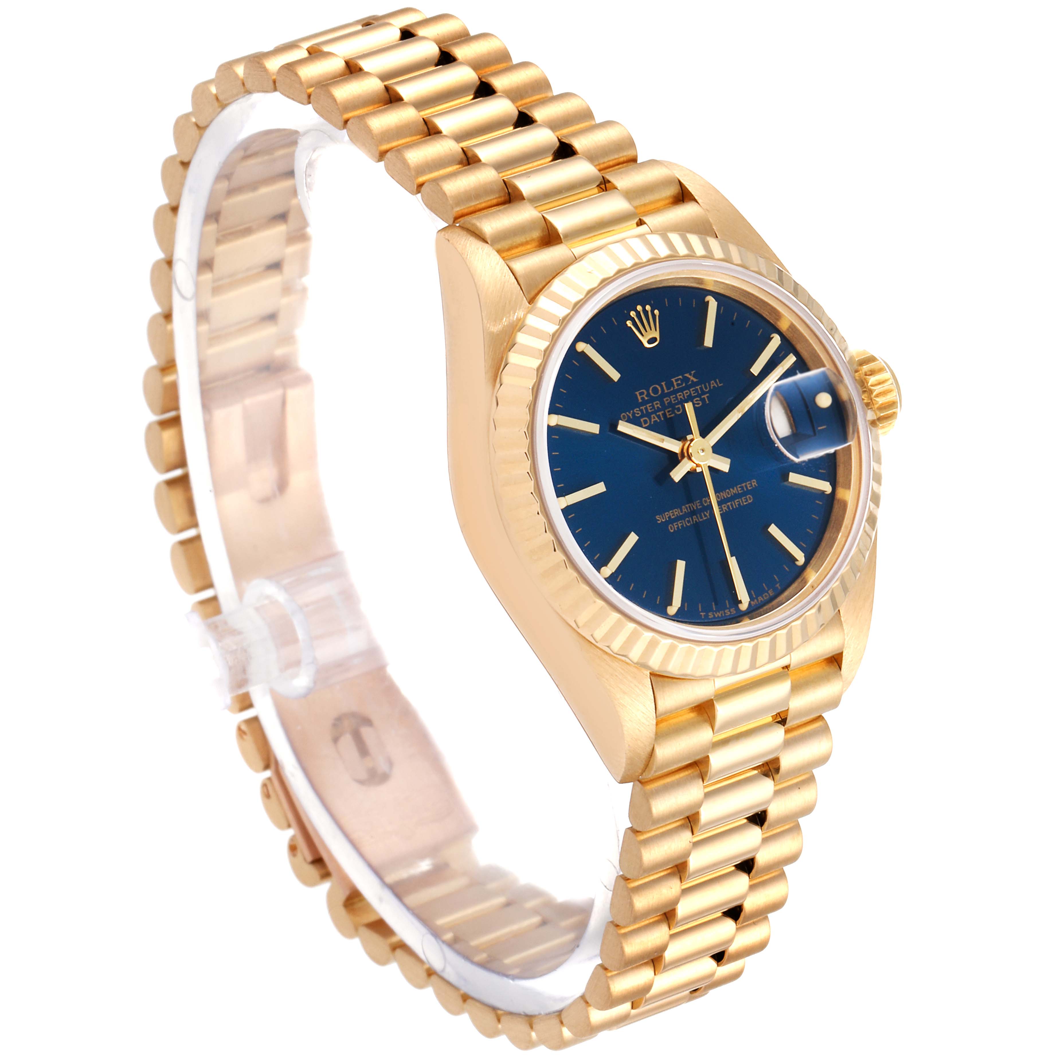 The image shows a Rolex President 69178 Women's Yellow Gold Blue Dial 69178 Women's Yellow Gold Blue Dial watch at a three-quarter angle, highlighting the gold bracelet, blue dial, and fluted bezel.