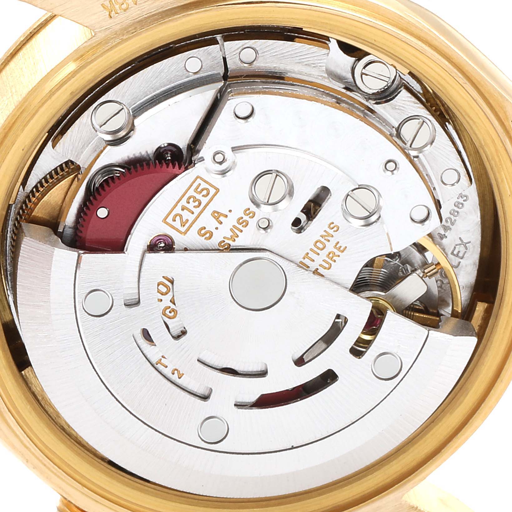 This image shows a detailed close-up view of the movement and inner mechanism of the Rolex President 69178 Women's Yellow Gold Blue Dial 69178 Women's Yellow Gold Blue Dial model watch.