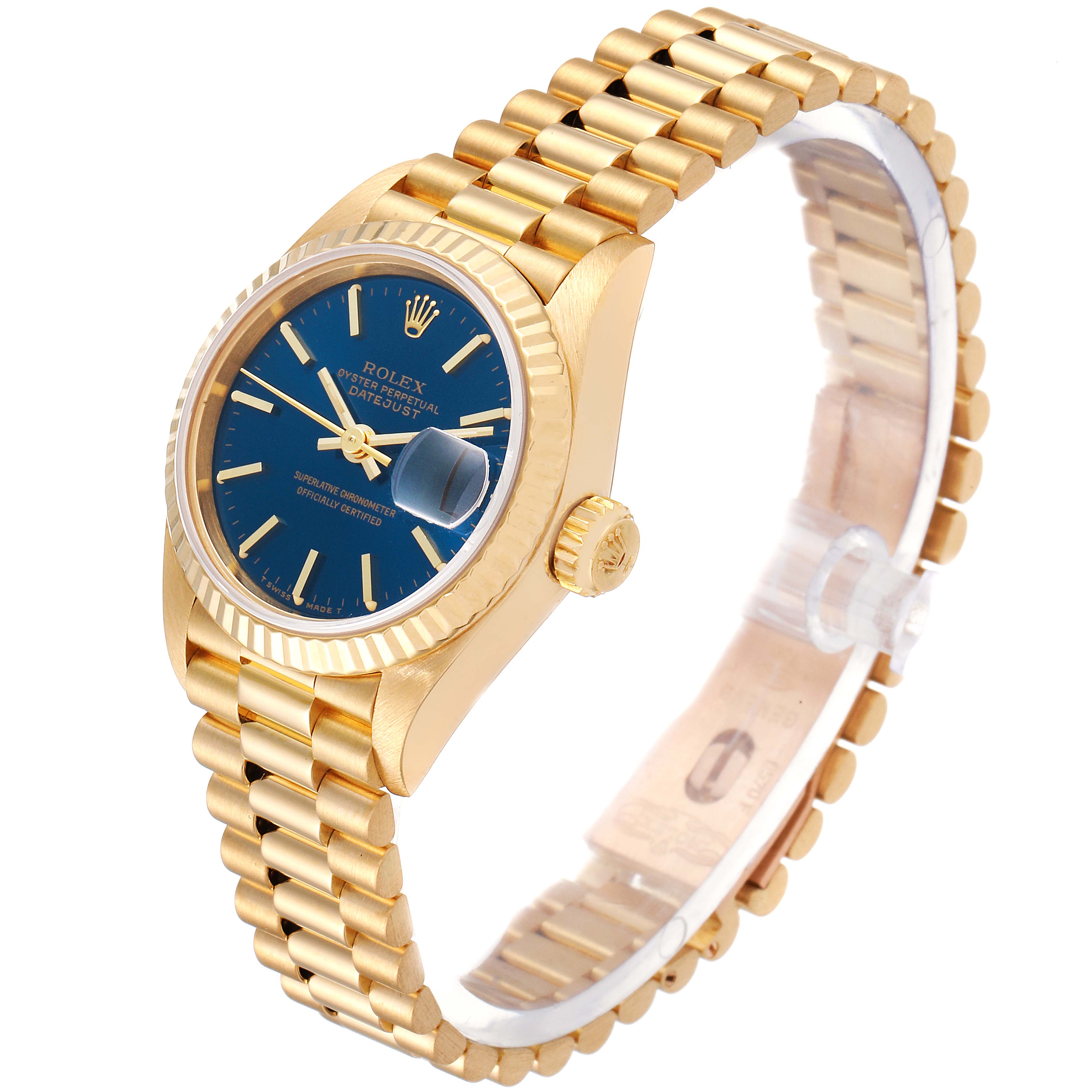 The Rolex President 69178 Women's Yellow Gold Blue Dial 69178 Women's Yellow Gold Blue Dial model watch is shown from the front and side angles, highlighting the blue dial, fluted bezel, and gold bracelet.