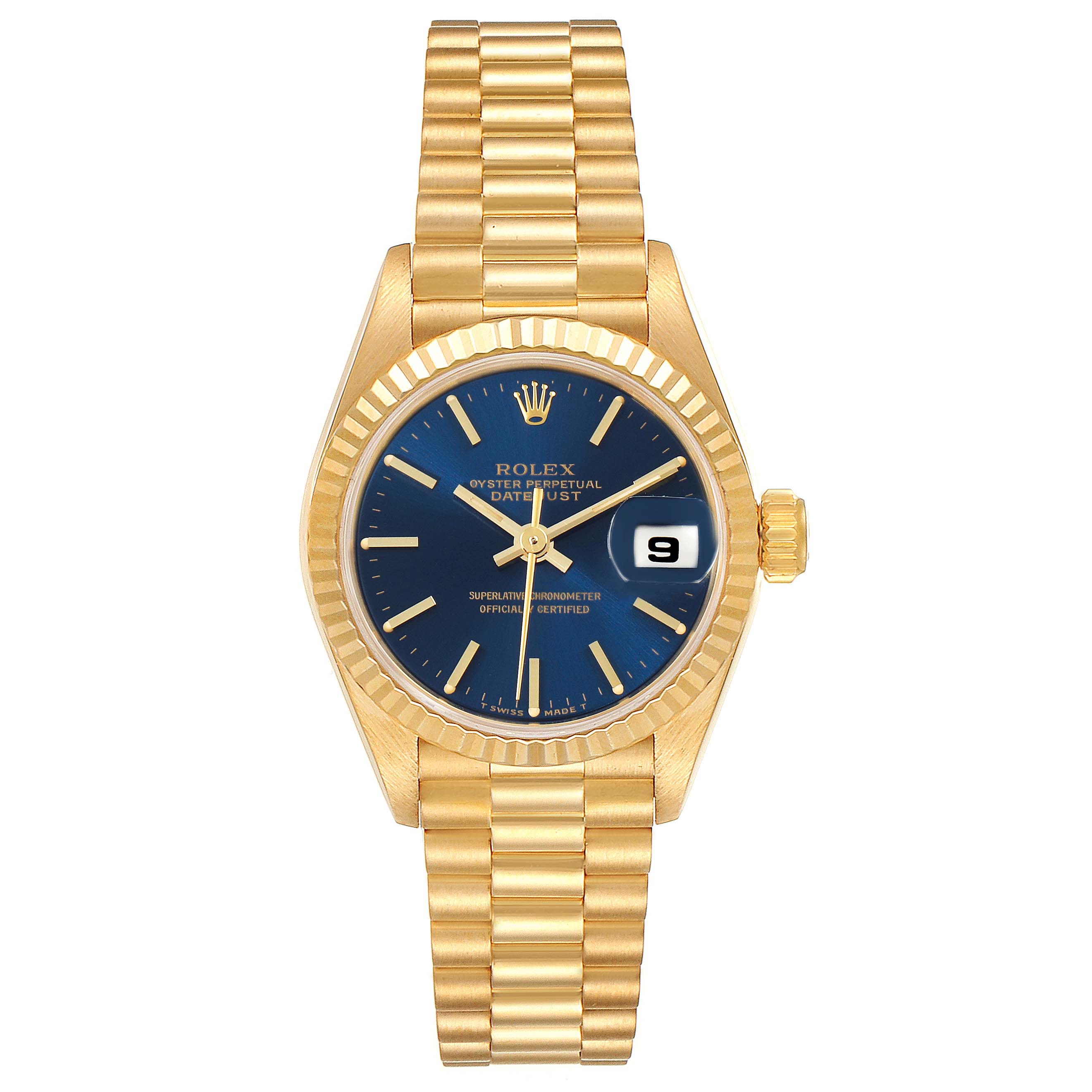 This image shows a front view of the Rolex President 69178 Women's Yellow Gold Blue Dial 69178 Women's Yellow Gold Blue Dial model watch, displaying its gold bracelet, blue dial, and date window.