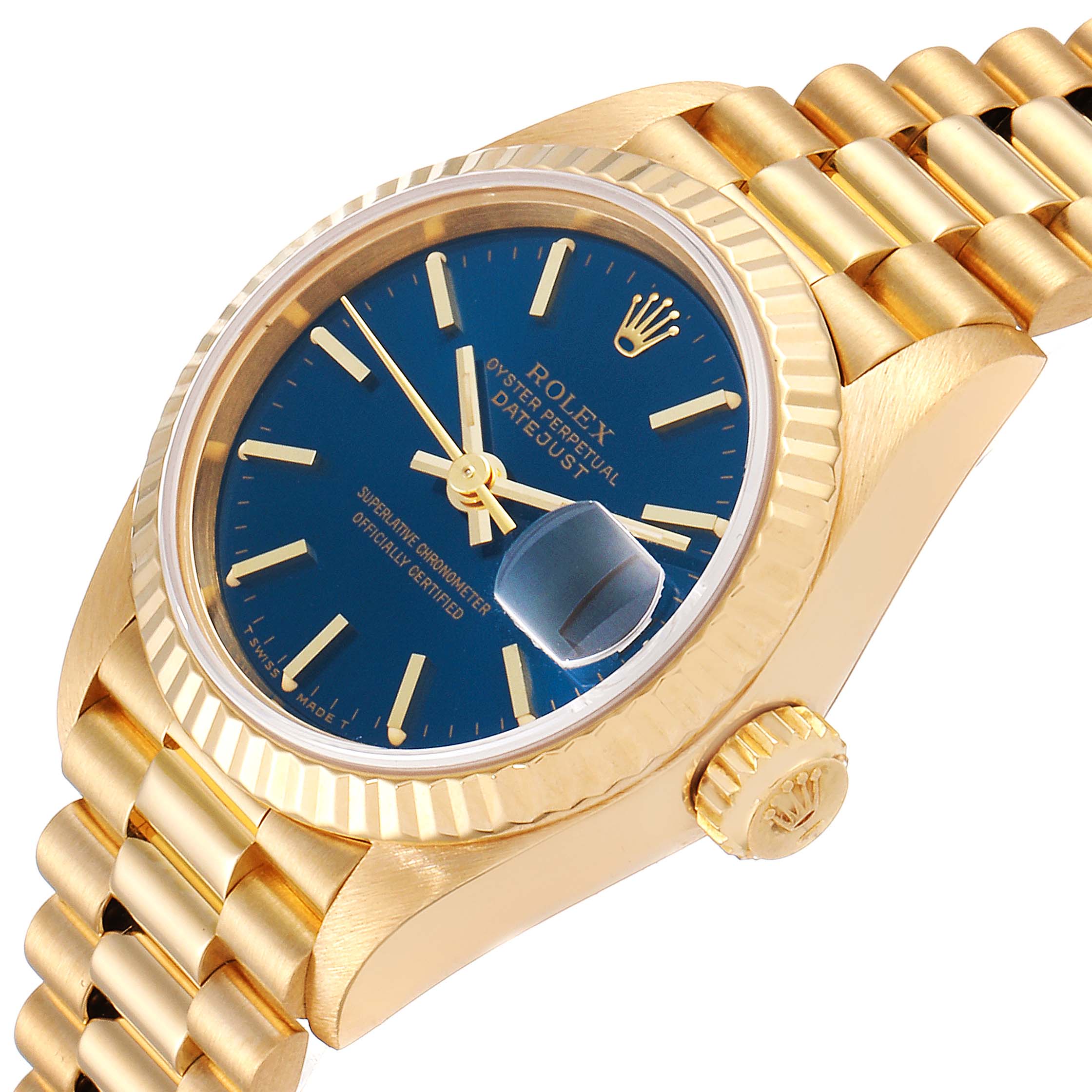 The image shows the Rolex President 69178 Women's Yellow Gold Blue Dial 69178 Women's Yellow Gold Blue Dial model watch at an angle emphasizing the crown, bezel, dial, and bracelet.