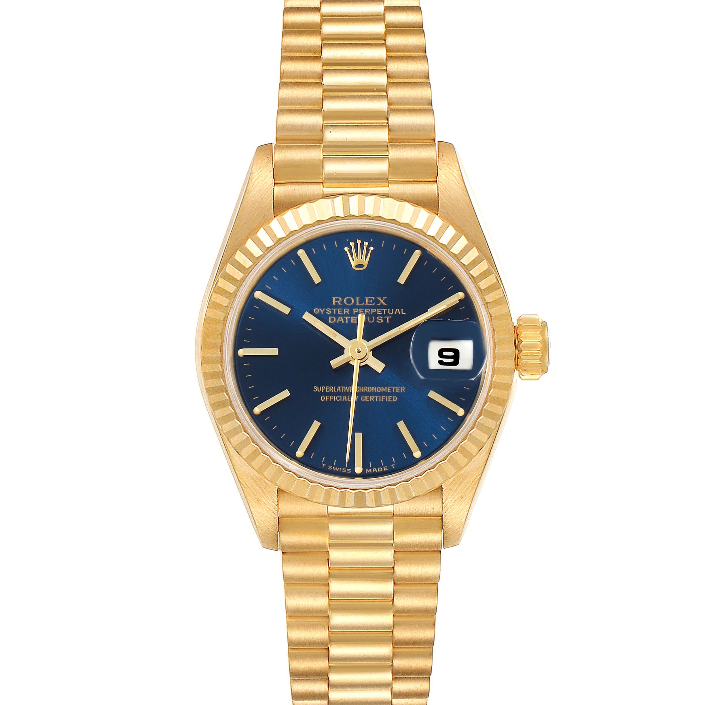The image shows a front view of a Rolex President 69178 Women's Yellow Gold Blue Dial 69178 Women's Yellow Gold Blue Dial model watch with a blue dial, fluted bezel, and gold President bracelet.
