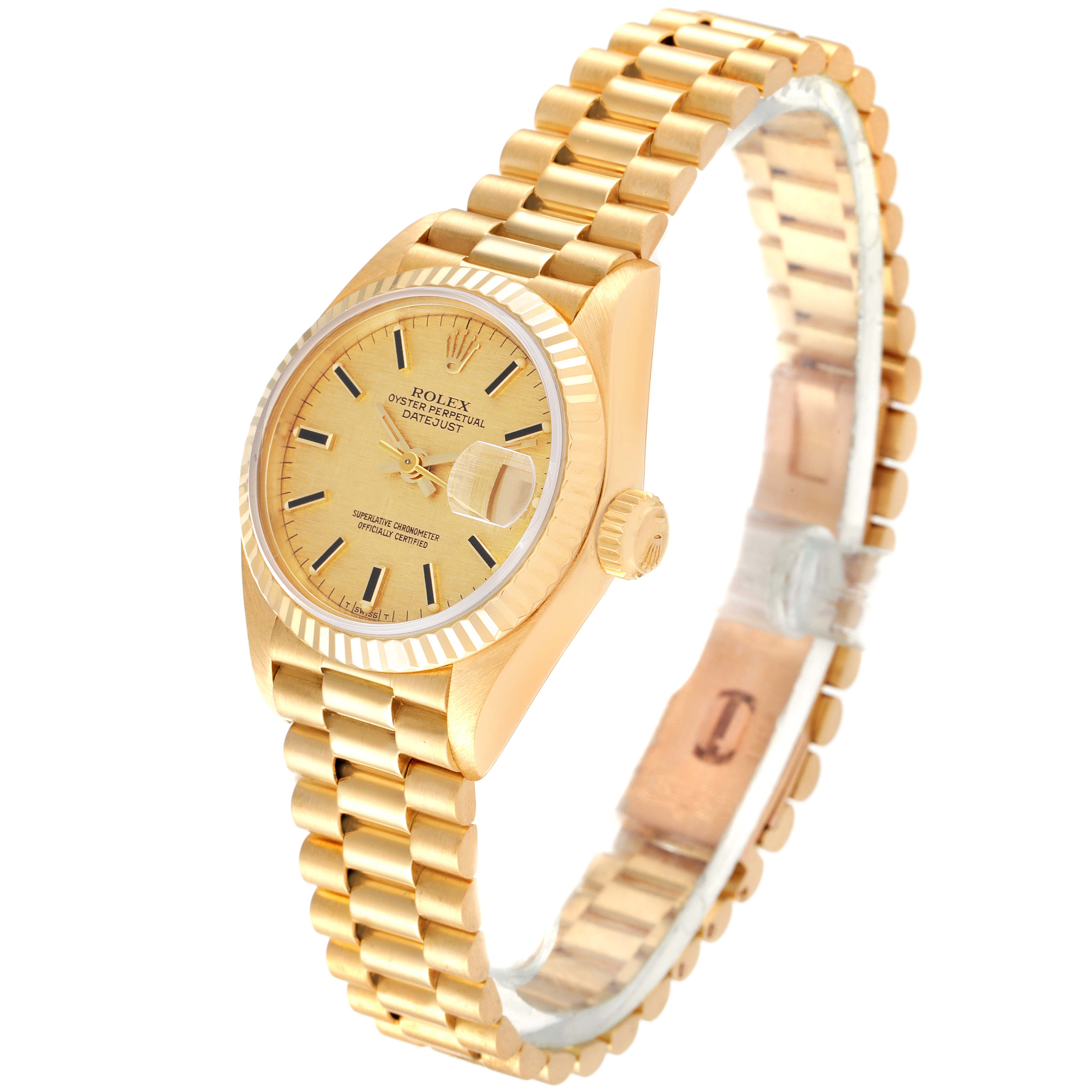 The image shows a Rolex President 69178 Women
s Yellow Gold Champagne Dial 69178 Women
s Yellow Gold Champagne Dial model watch from an upper front angle, displaying the face, bezel, crown, and bracelet.