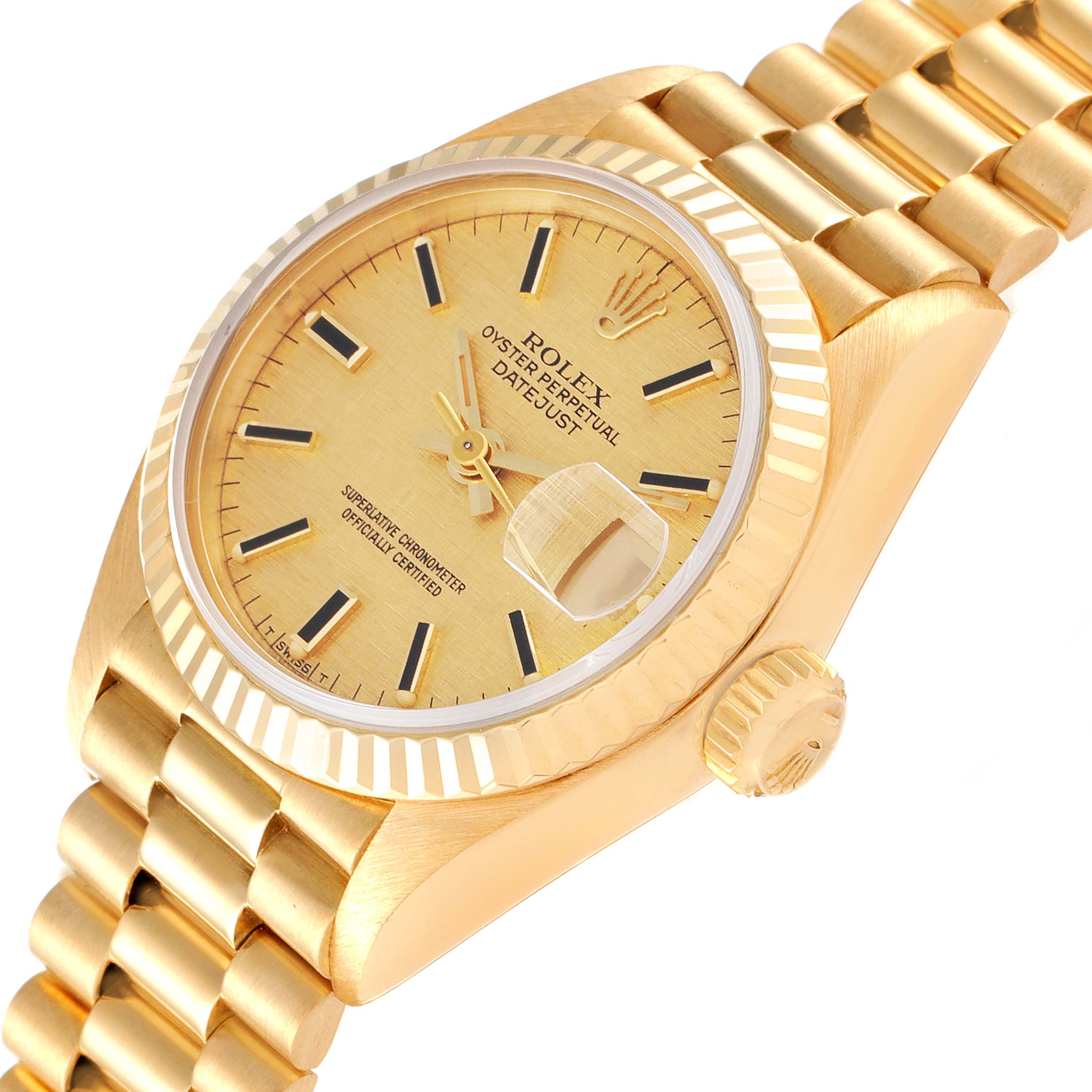 The image shows a side view of a Rolex President 69178 Women
s Yellow Gold Champagne Dial 69178 Women
s Yellow Gold Champagne Dial model watch, highlighting the dial, bezel, crown, and part of the bracelet.
