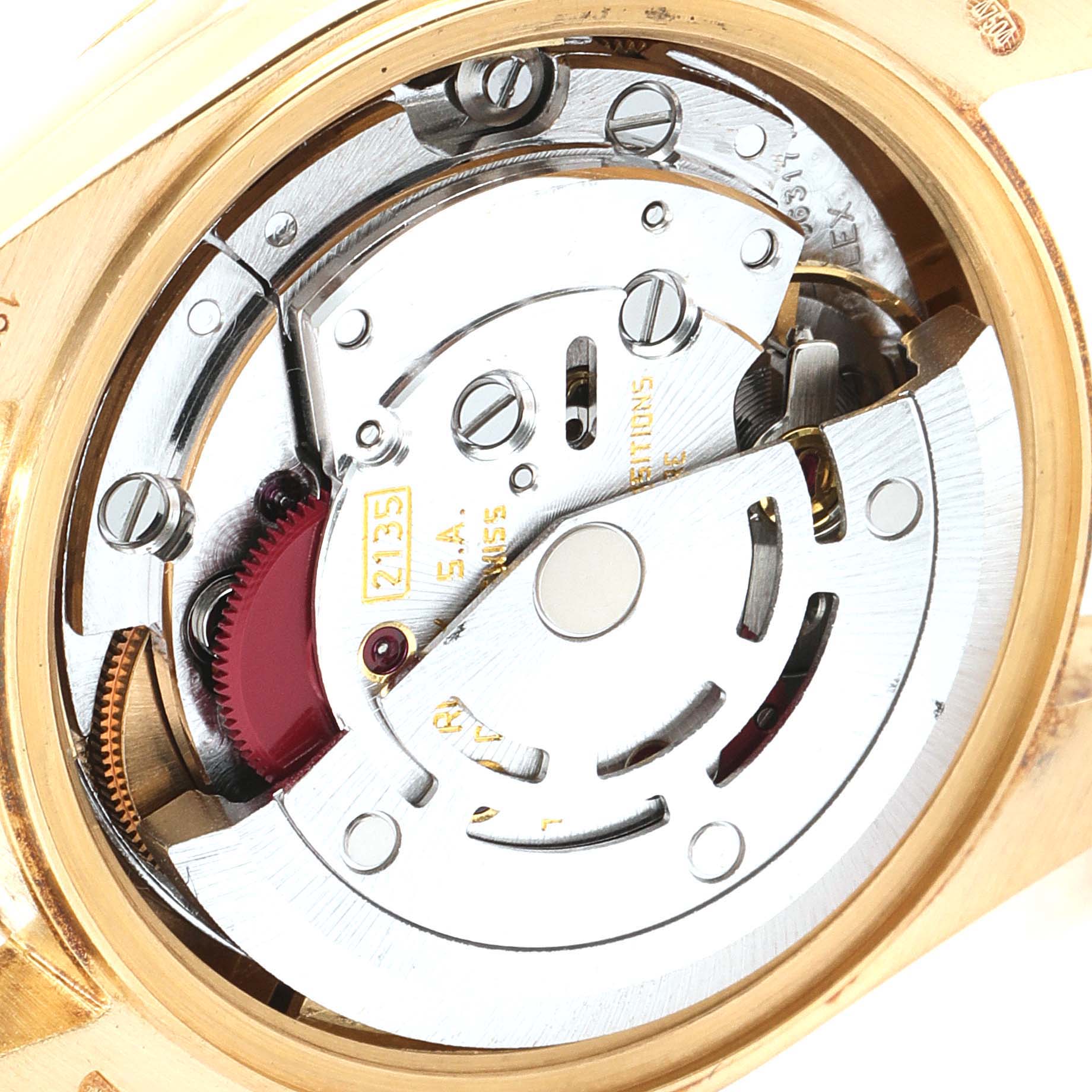 The image shows a close-up view of the internal movement mechanism of a Rolex President 69178 Women
s Yellow Gold Champagne Dial 69178 Women
s Yellow Gold Champagne Dial model watch.