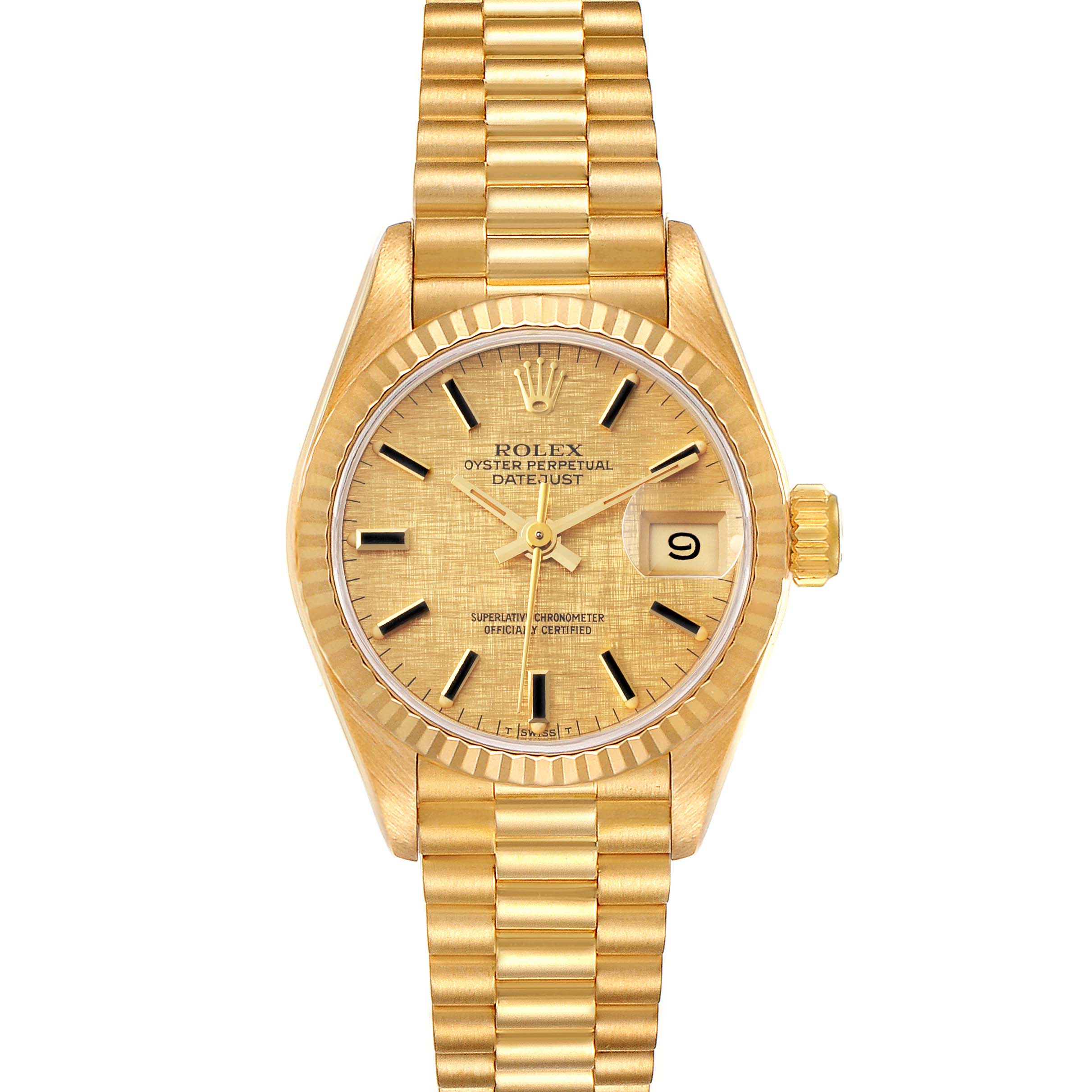 This image shows a front view of the Rolex President 69178 Women
s Yellow Gold Champagne Dial 69178 Women
s Yellow Gold Champagne Dial model watch, highlighting the face, dial, bezel, and bracelet.