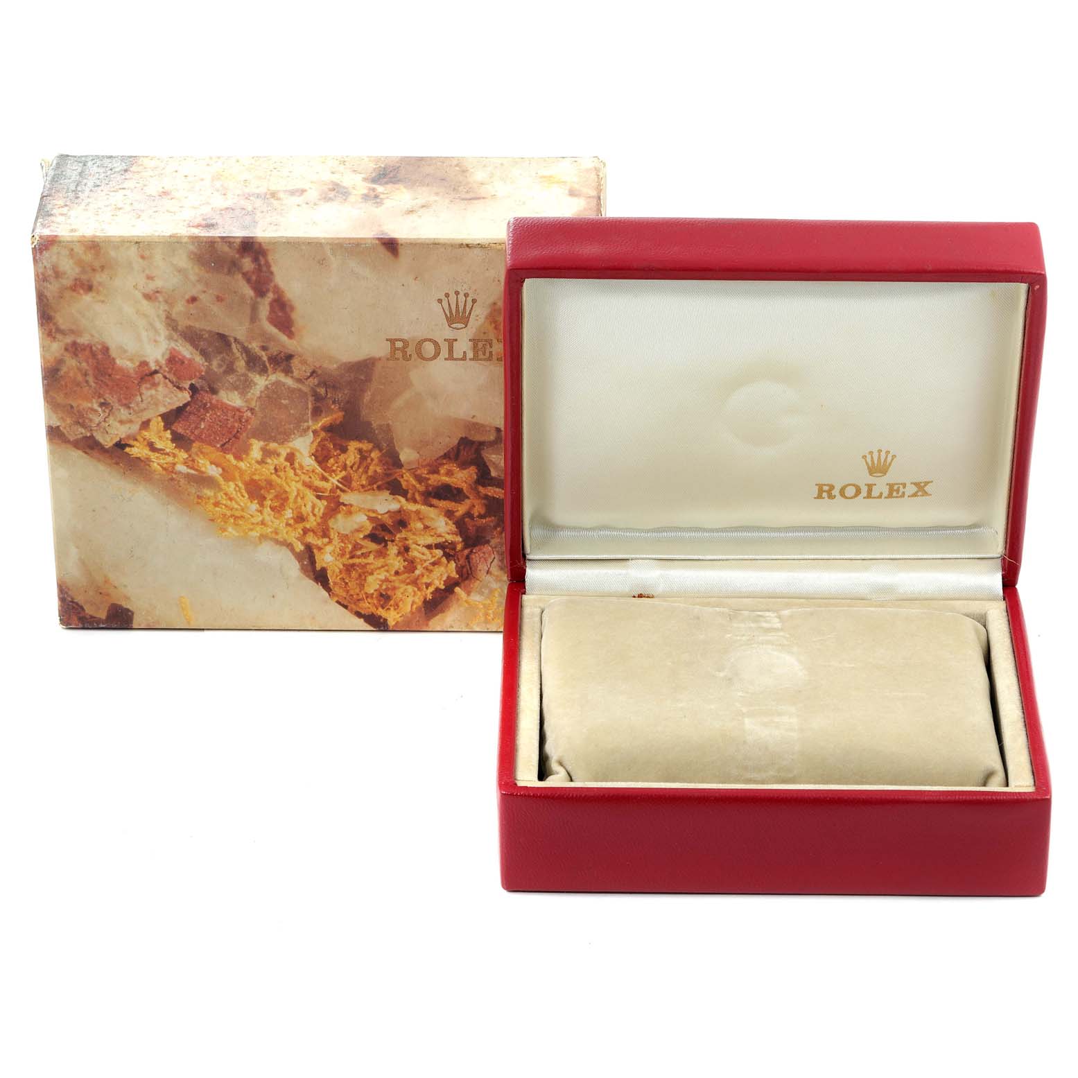 The image shows a Rolex box for the President model, with an outer box and an open inner red box displaying the Rolex logo.