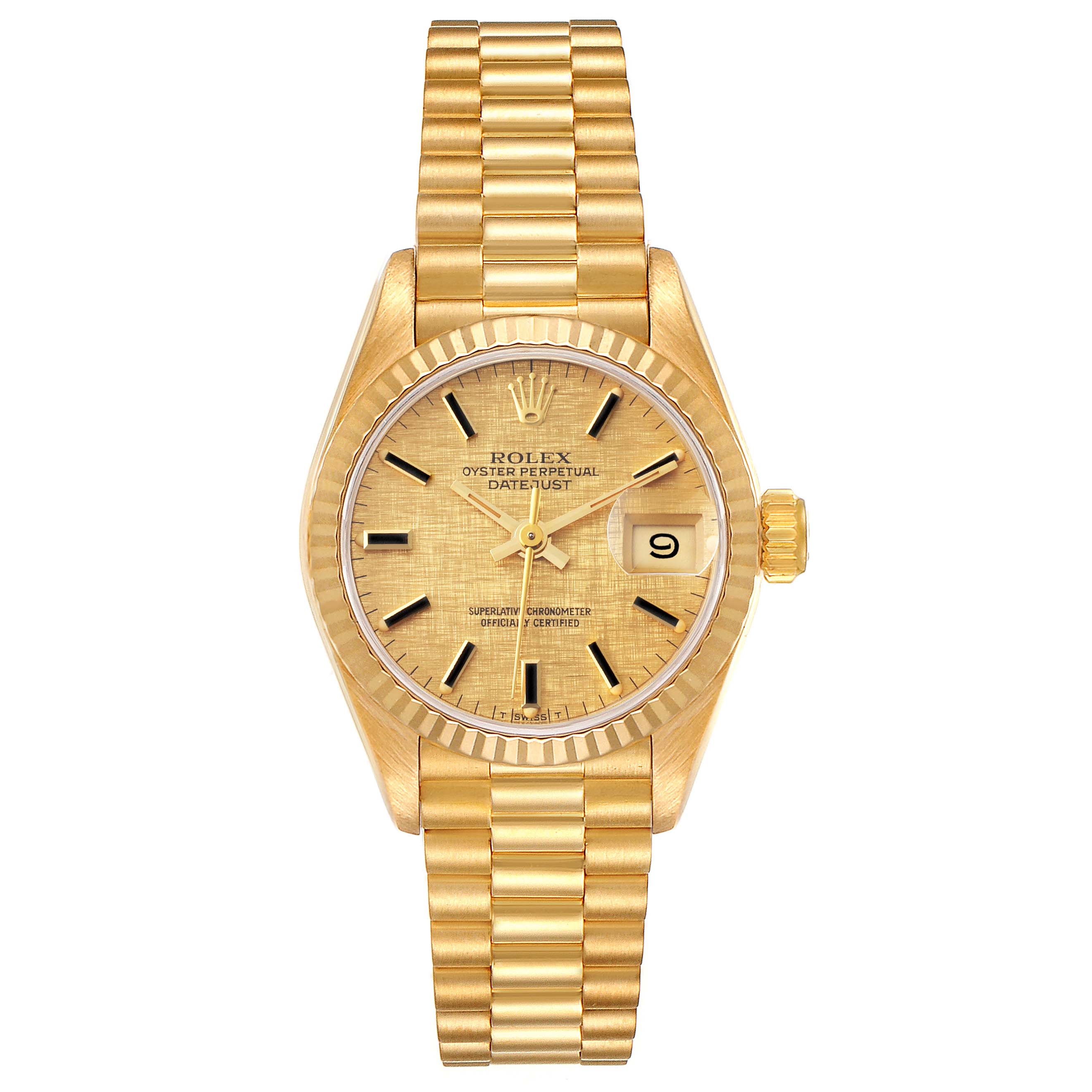 This image shows a front view of the Rolex President 69178 Women
s Yellow Gold Champagne Dial 69178 Women
s Yellow Gold Champagne Dial Oyster Perpetual Datejust watch, highlighting its gold bracelet and dial.