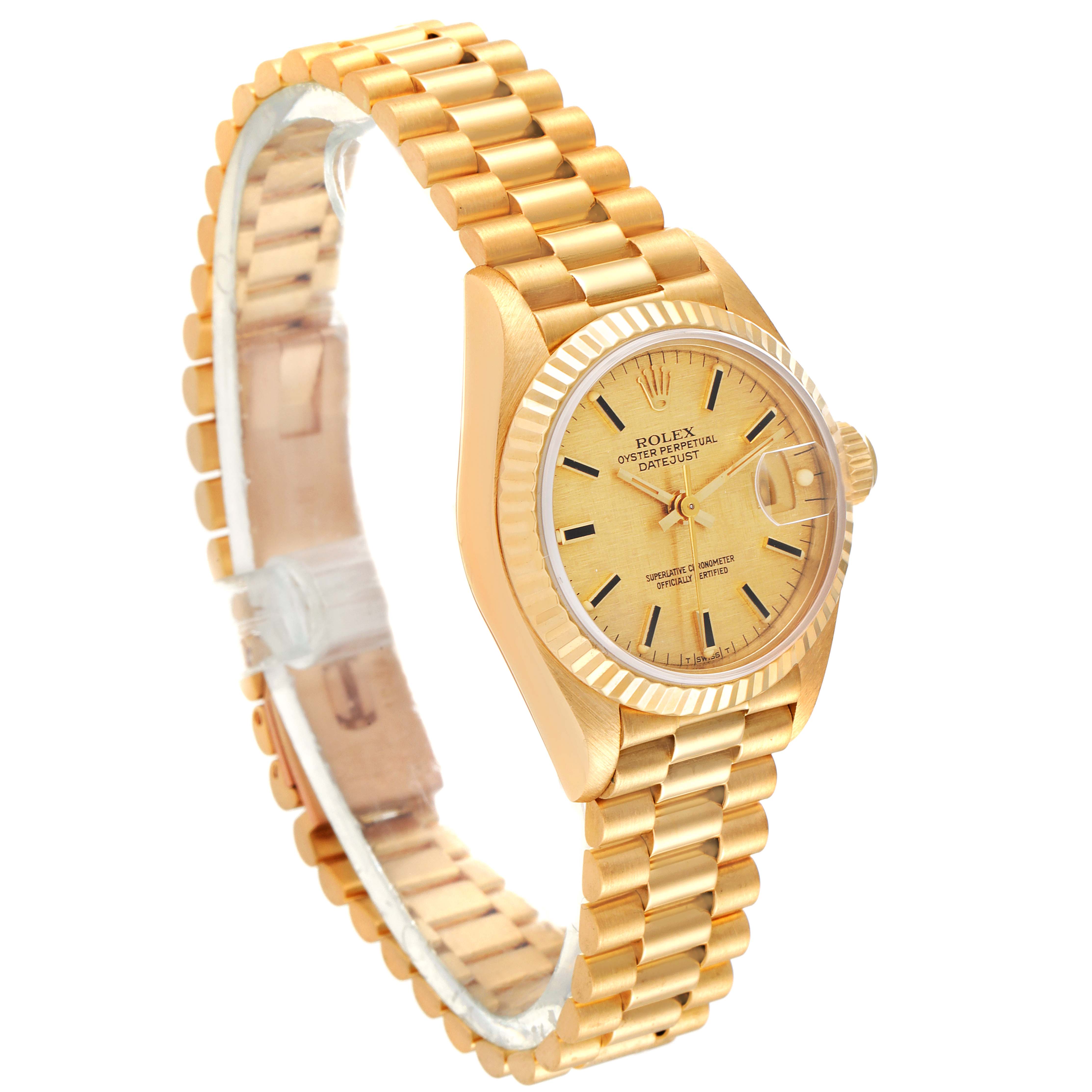 This Rolex President 69178 Women
s Yellow Gold Champagne Dial 69178 Women
s Yellow Gold Champagne Dial model watch is shown at a side angle, highlighting the gold bracelet, dial, and case.
