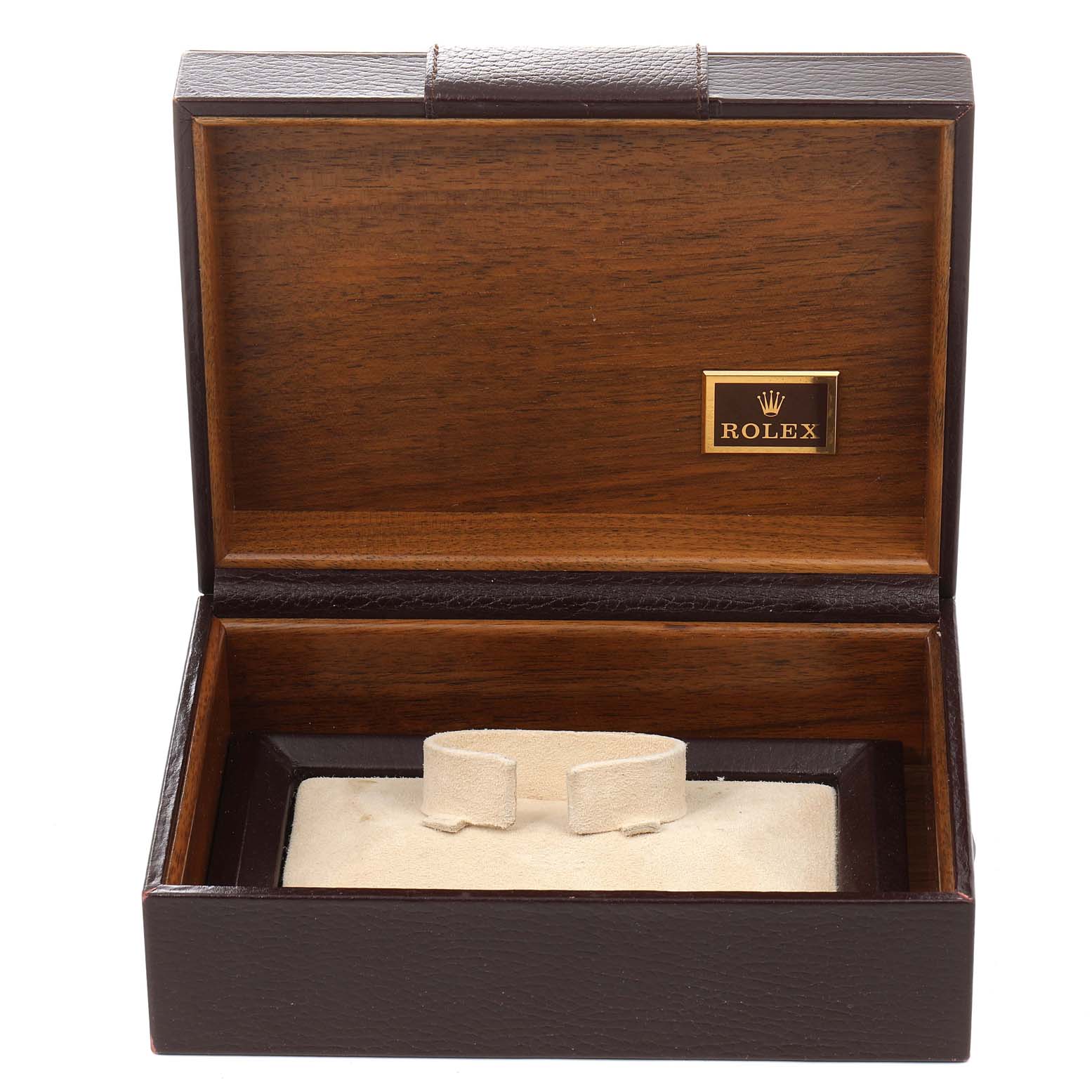 The image shows an open wooden box for the Rolex President 18238 Men's Yellow Gold Silver Dial 18238 Men's Yellow Gold Silver Dial model watch, featuring a plush interior and Rolex logo plaque.