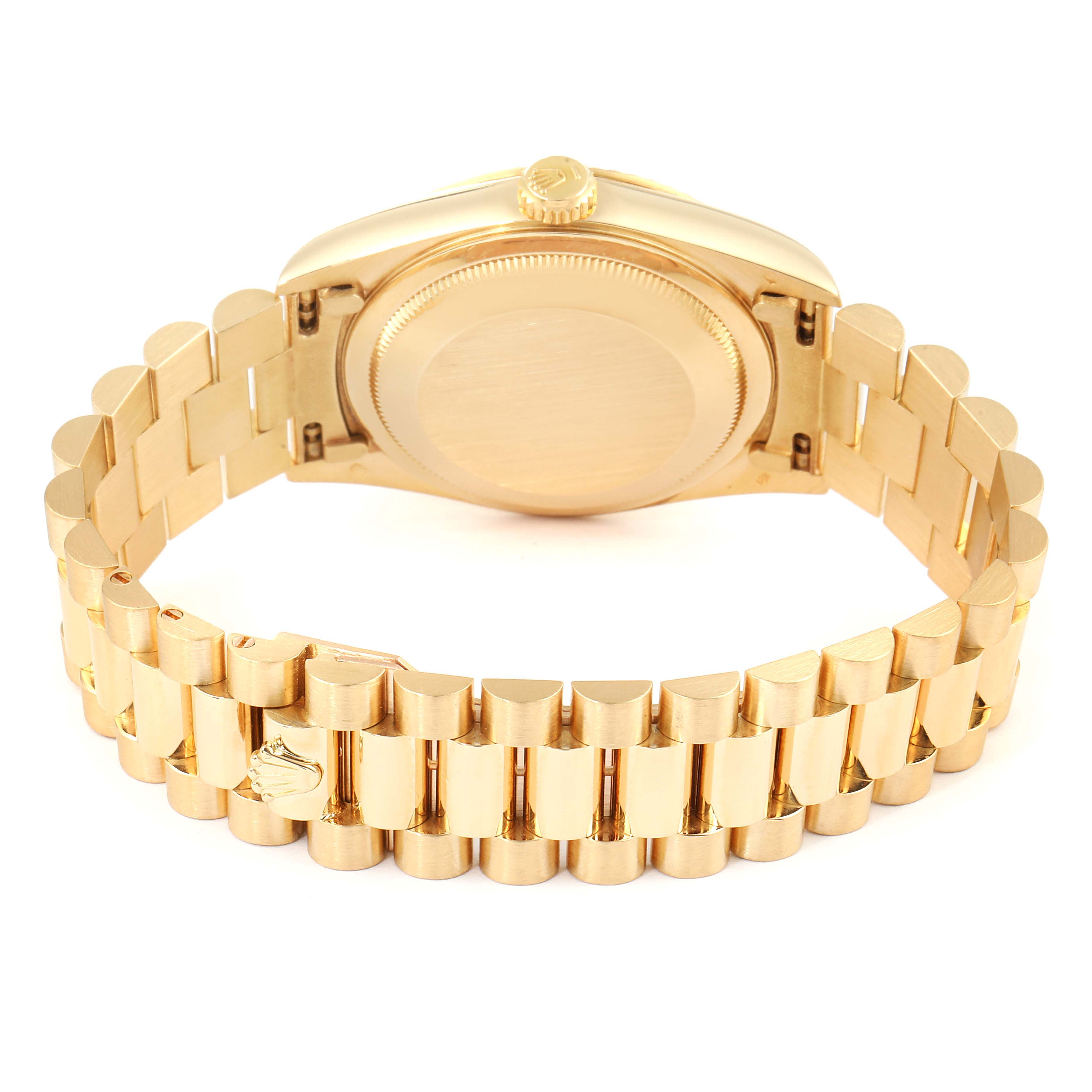 The image shows the back view of the Rolex President 18238 Men's Yellow Gold Silver Dial 18238 Men's Yellow Gold Silver Dial model, highlighting its gold case and bracelet.